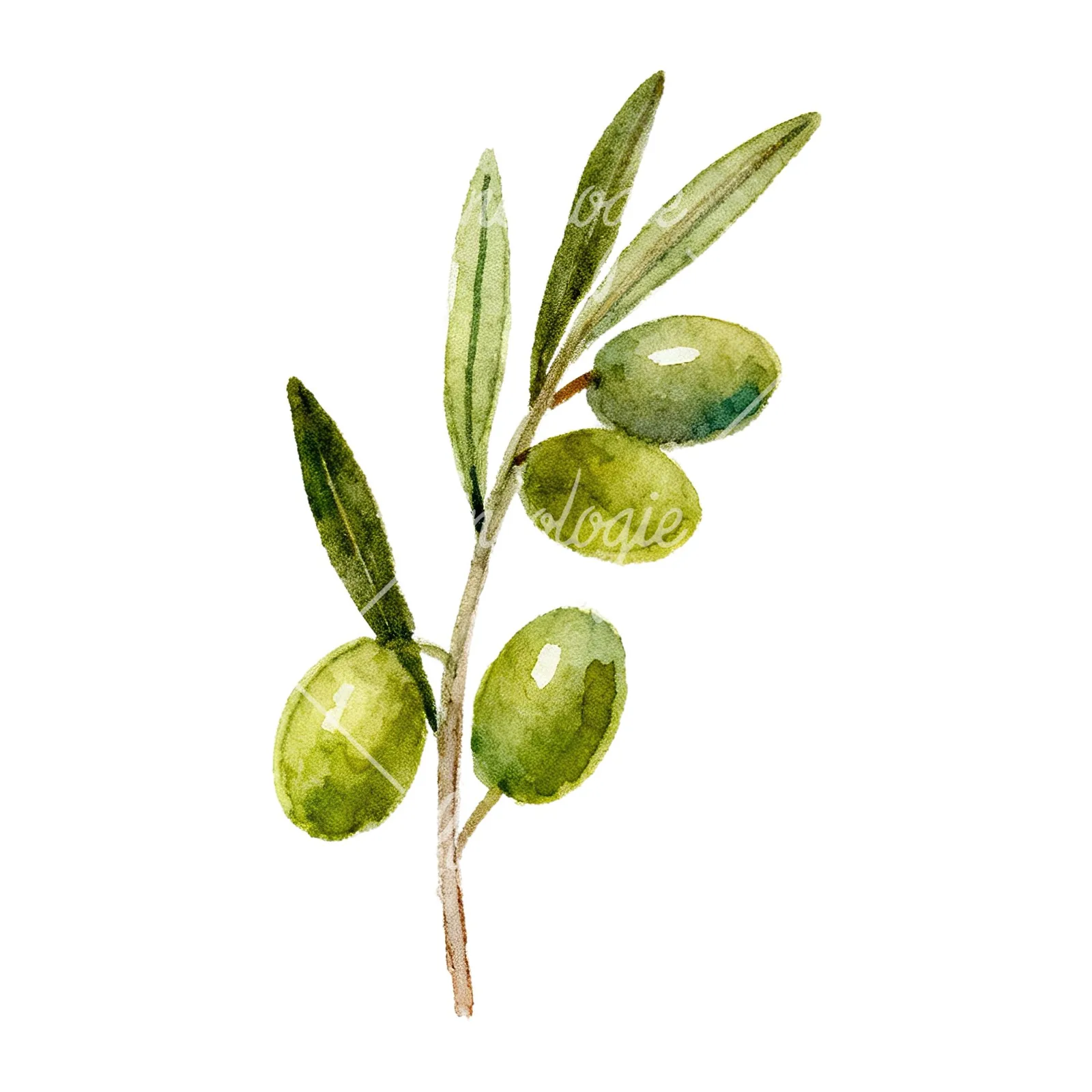 Watercolor olive branch with olives clipart 1 of 9 on a white background (JPG)