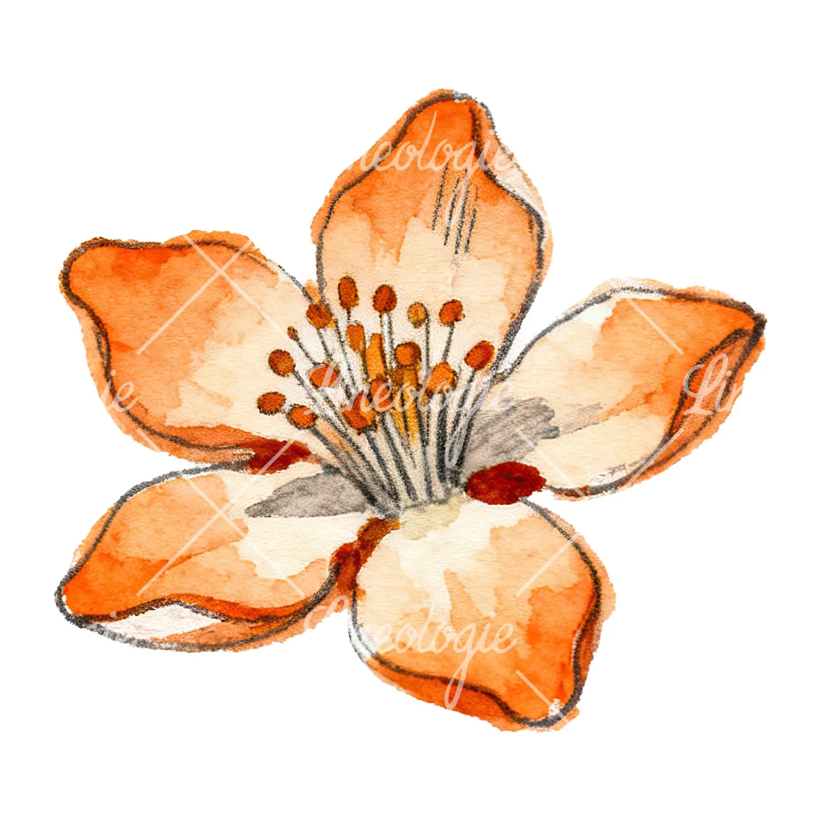 Watercolor orange blossom with marigold clipart 1 of 9 on a white background (JPG)