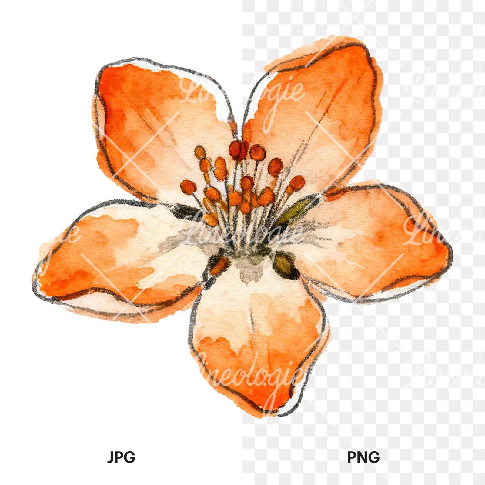 Watercolor orange blossom with marigold clipart 4 of 9, as a JPG on white and a transparent PNG