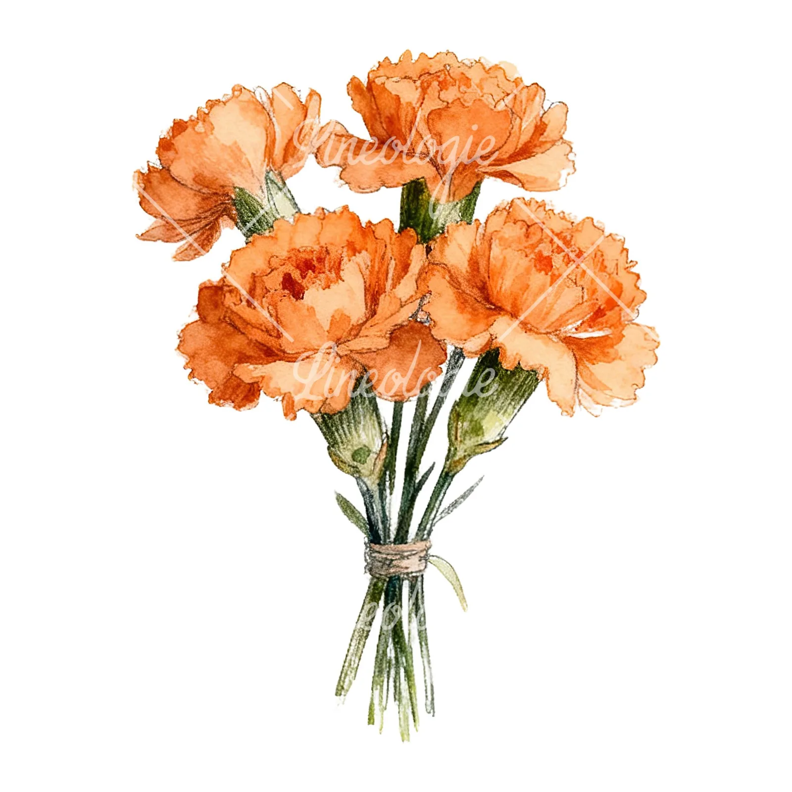 Watercolor orange carnation bouquet with single blooms clipart 1 of 9 on a white background (JPG)