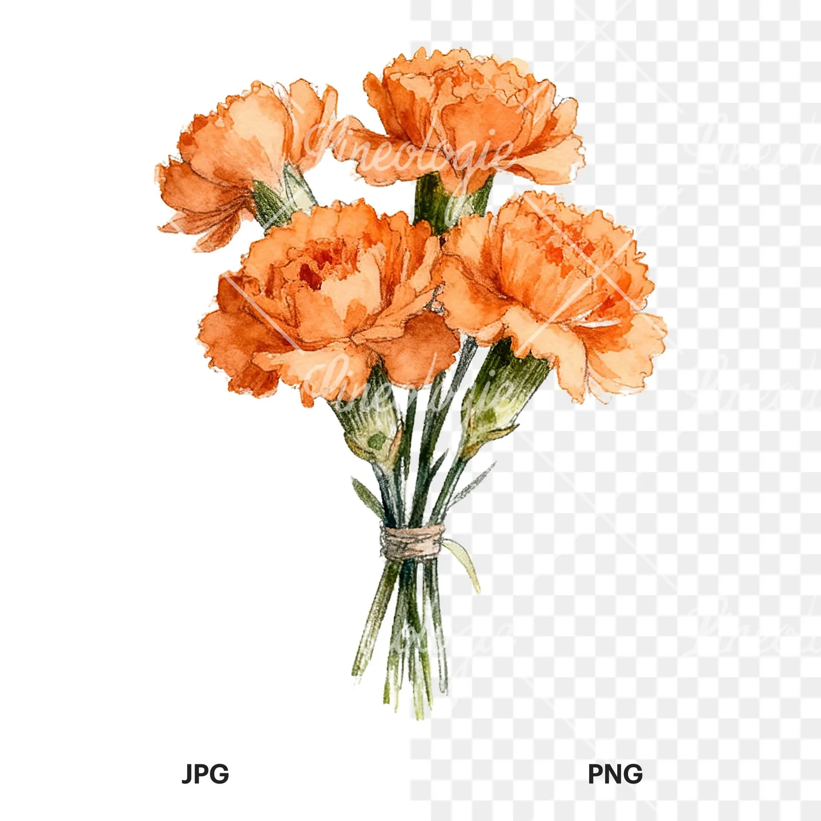 Watercolor orange carnation bouquet with single blooms clipart 1 of 9, as a JPG on white and a transparent PNG