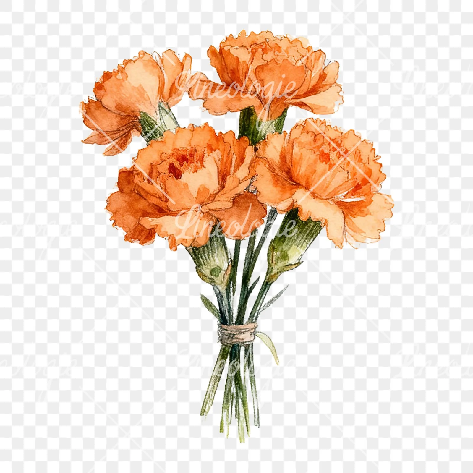Watercolor orange carnation bouquet with single blooms clipart 1 of 9 on a transparent background (PNG)