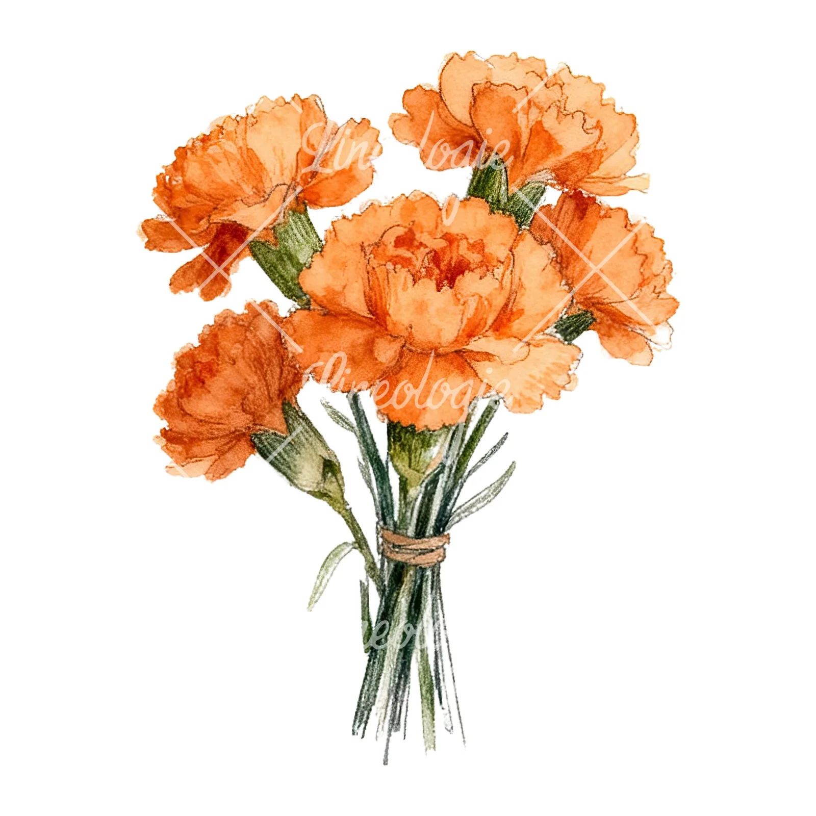 Watercolor orange carnation bouquet with single blooms clipart 3 of 9 on a white background (JPG)