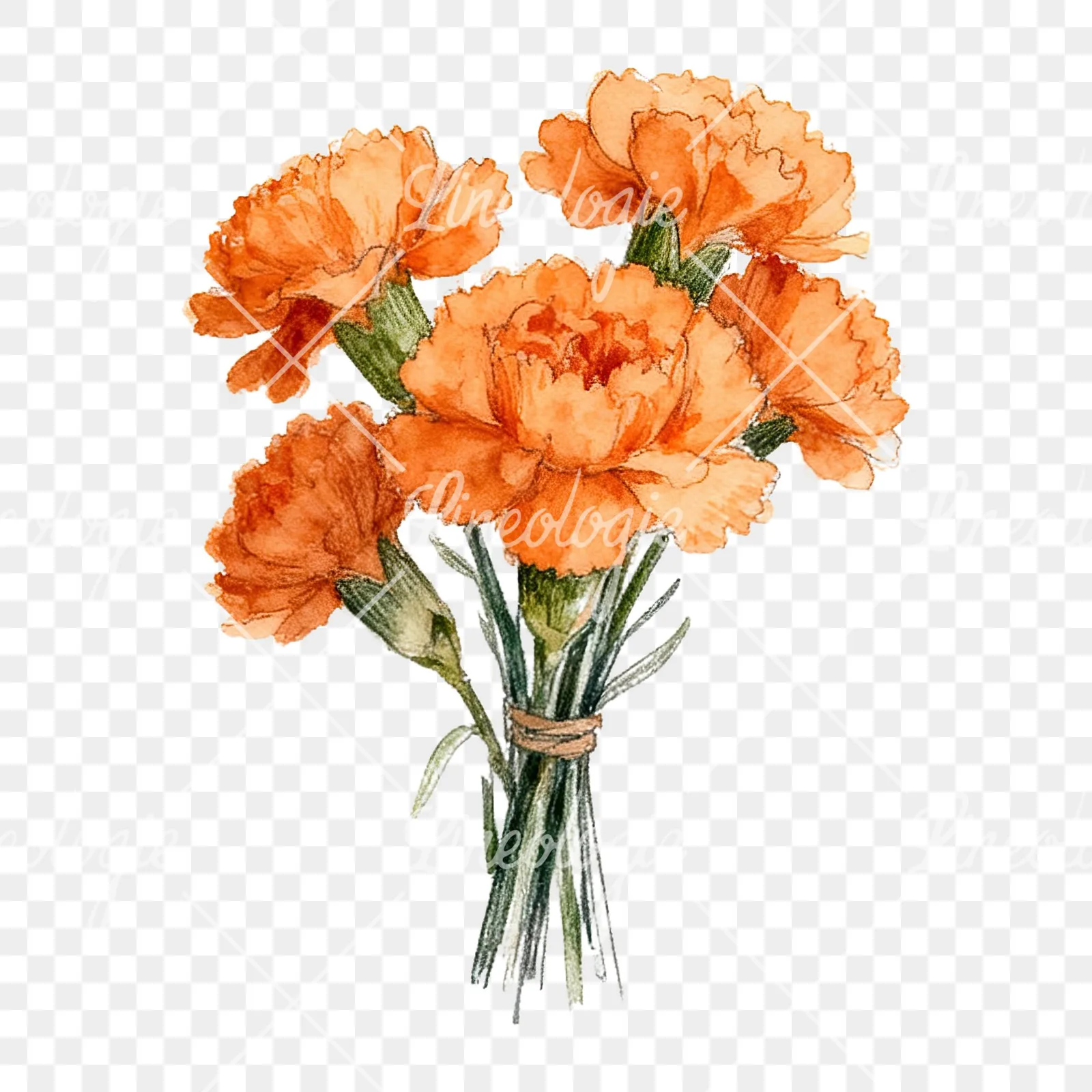Watercolor orange carnation bouquet with single blooms clipart 3 of 9 on a transparent background (PNG)