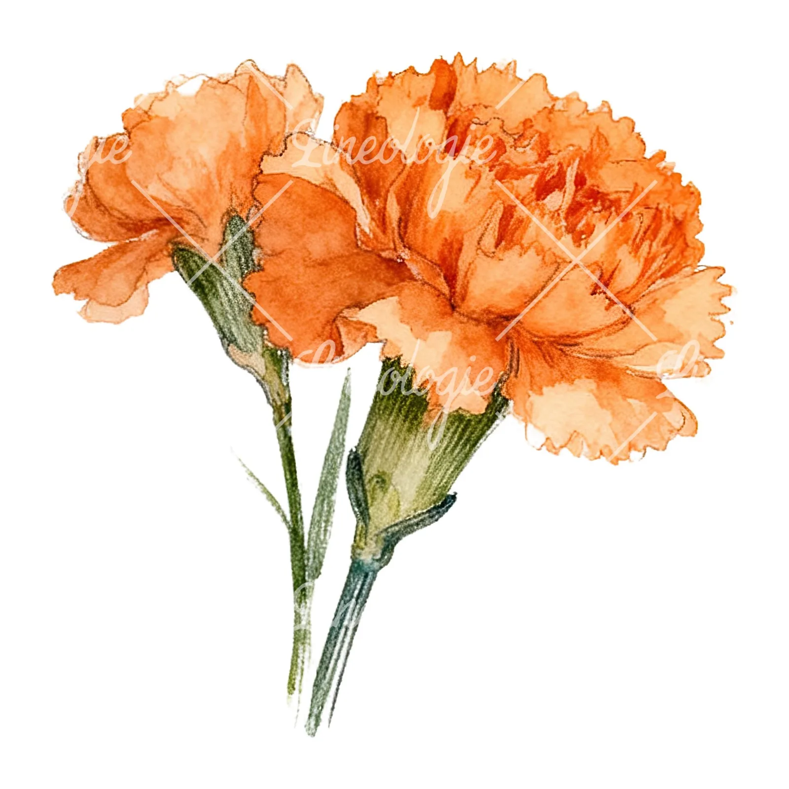 Watercolor orange carnation bouquet with single blooms clipart 6 of 9 on a white background (JPG)