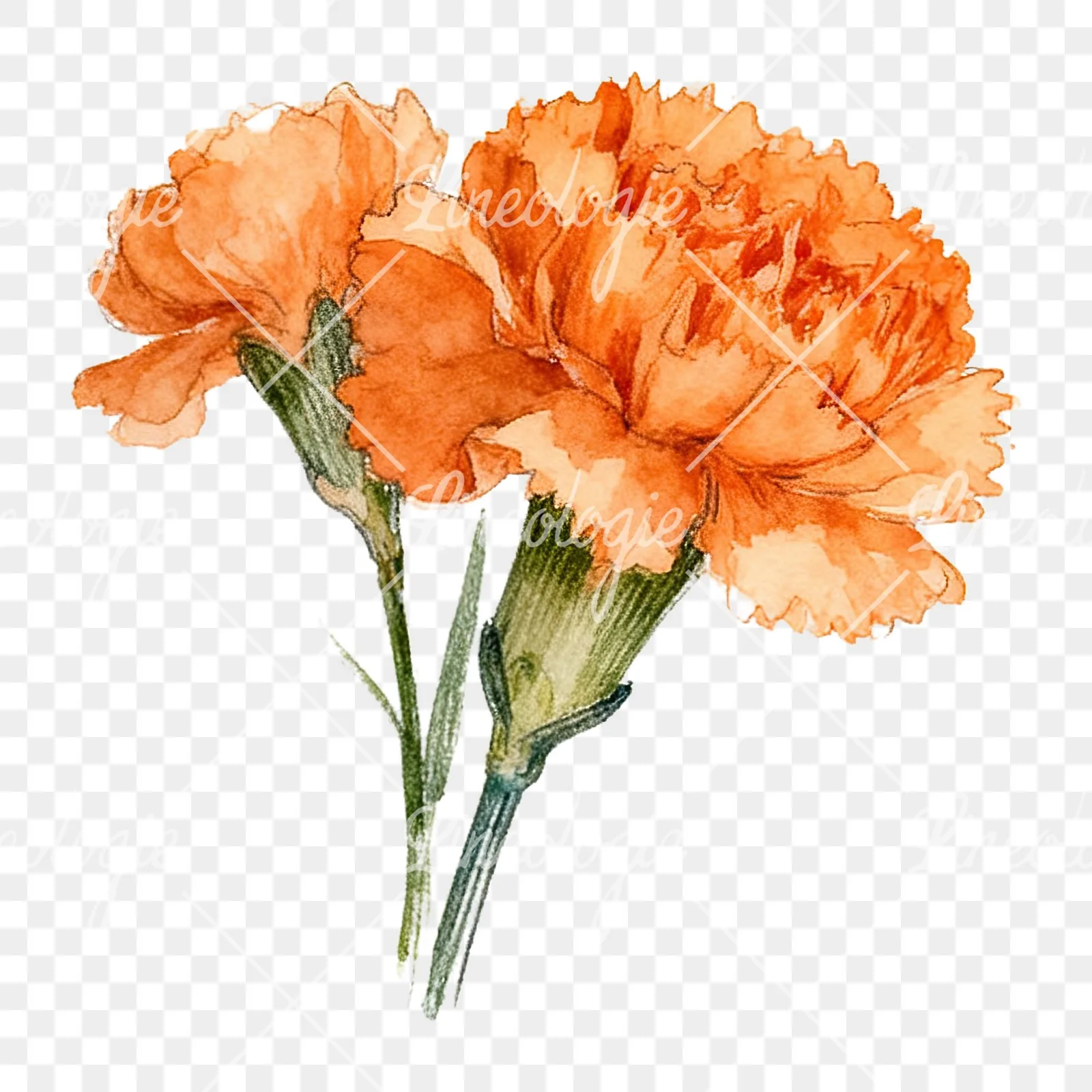 Watercolor orange carnation bouquet with single blooms clipart 6 of 9 on a transparent background (PNG)