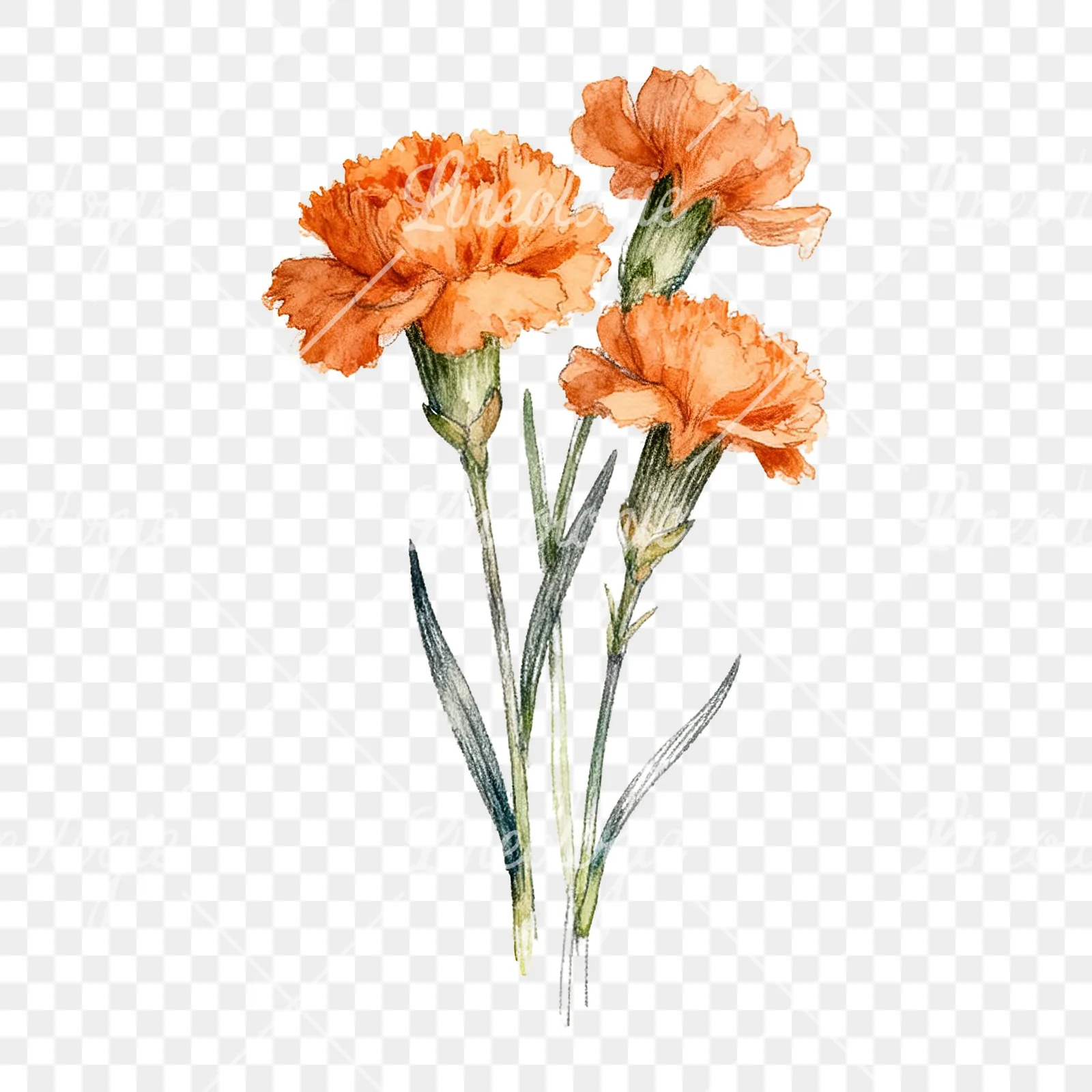 Watercolor orange carnation bouquet with single blooms clipart 7 of 9 on a transparent background (PNG)