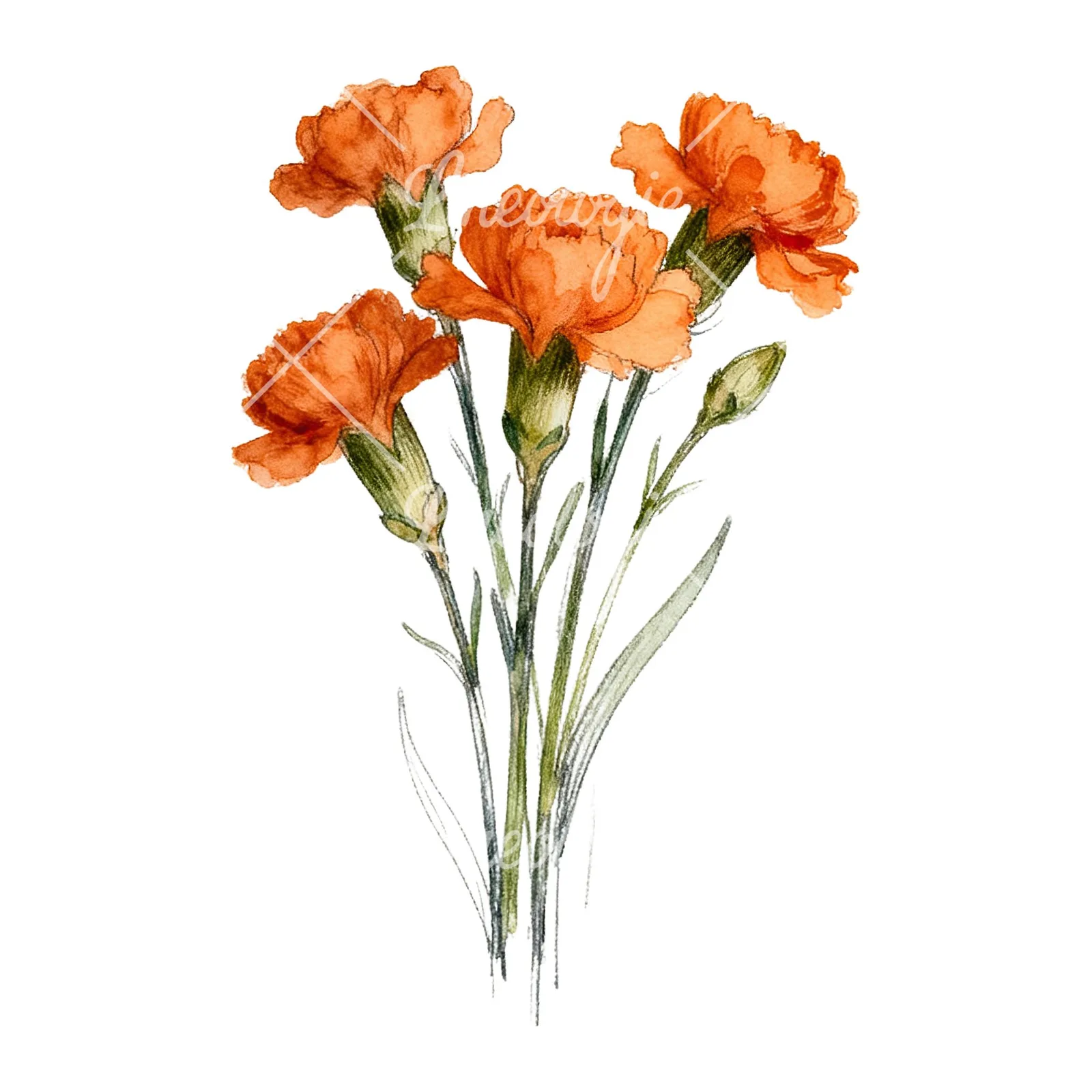 Watercolor orange carnation bouquet with single blooms clipart 9 of 9 on a white background (JPG)