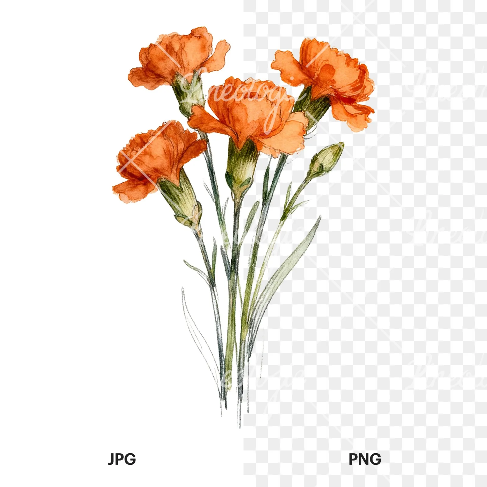Watercolor orange carnation bouquet with single blooms clipart 9 of 9, as a JPG on white and a transparent PNG