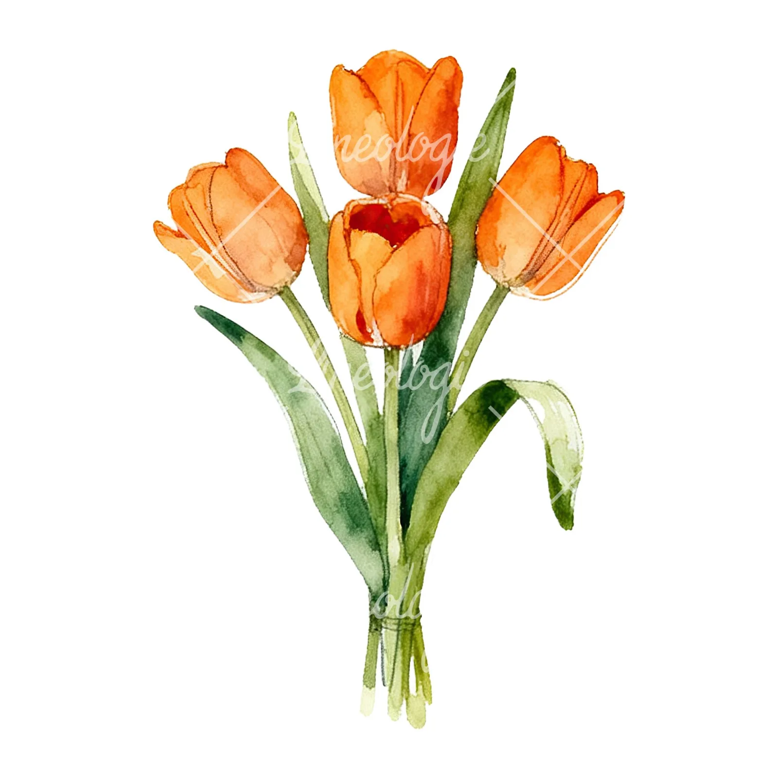 Watercolor orange tulip bouquet clipart 3 of 9 on a white background (JPG)
