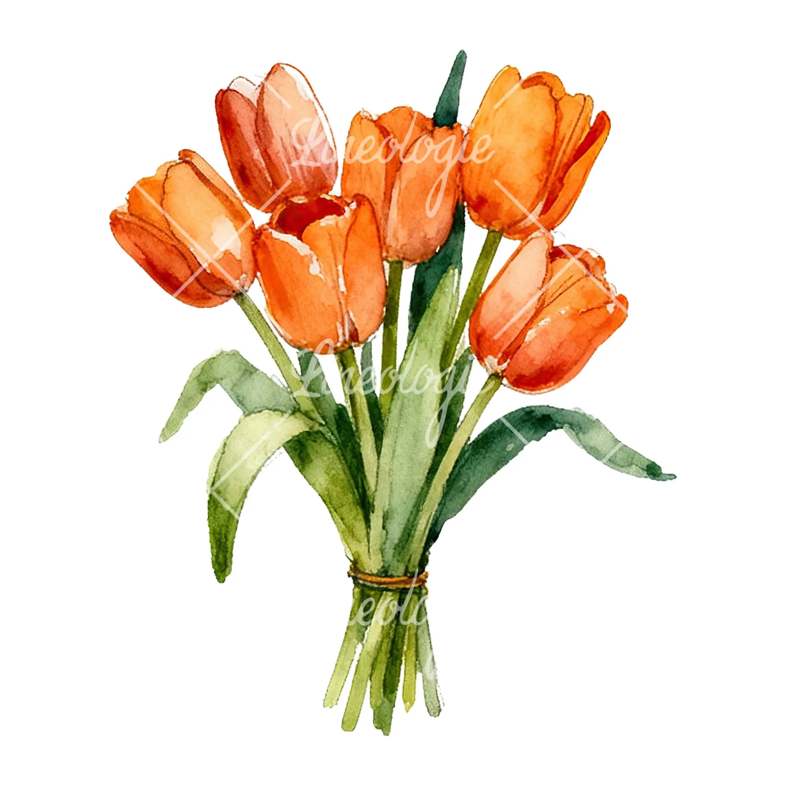 Watercolor orange tulip bouquet clipart 5 of 9 on a white background (JPG)
