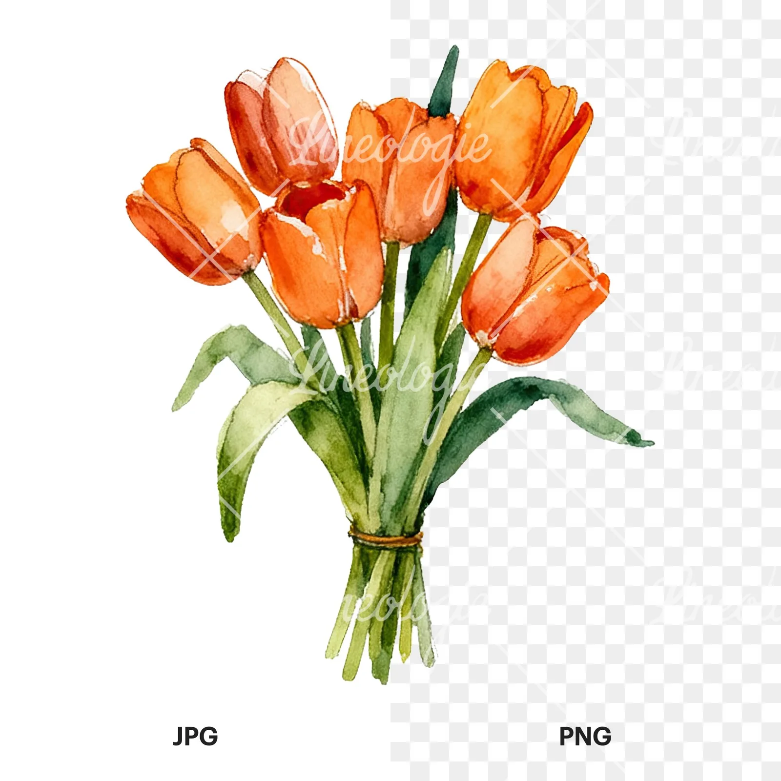 Watercolor orange tulip bouquet clipart 5 of 9, as a JPG on white and a transparent PNG