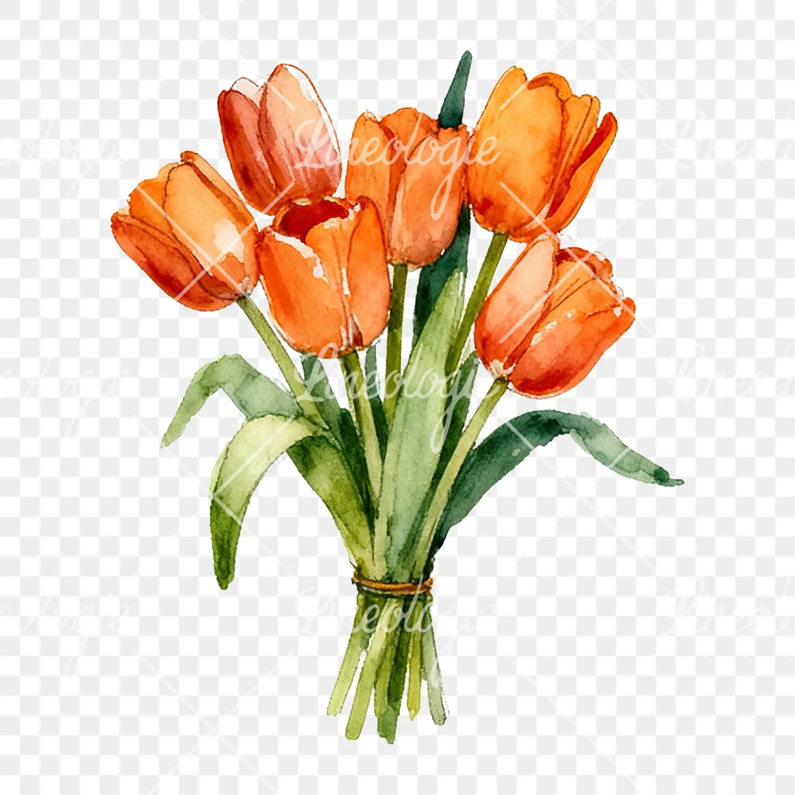 Watercolor orange tulip bouquet clipart 5 of 9 on a transparent background (PNG)
