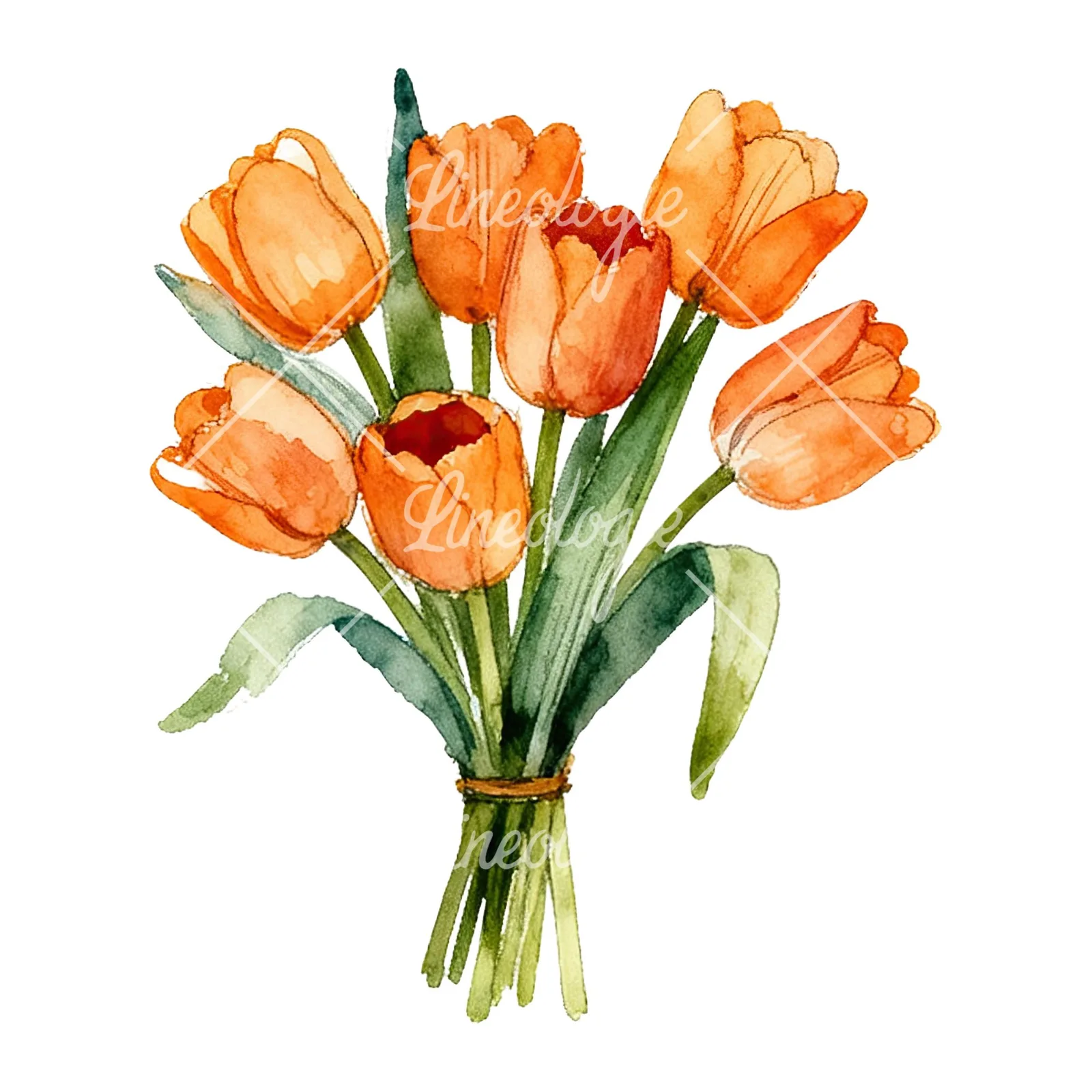 Watercolor orange tulip bouquet clipart 8 of 9 on a white background (JPG)