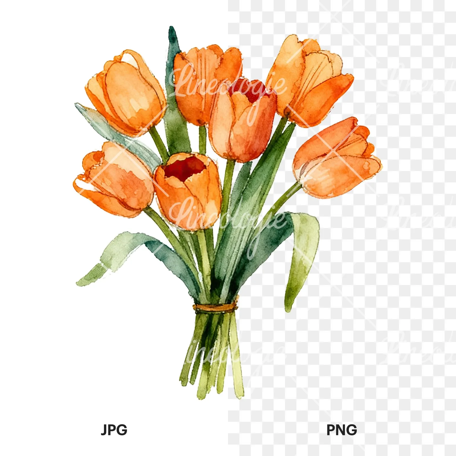 Watercolor orange tulip bouquet clipart 8 of 9, as a JPG on white and a transparent PNG