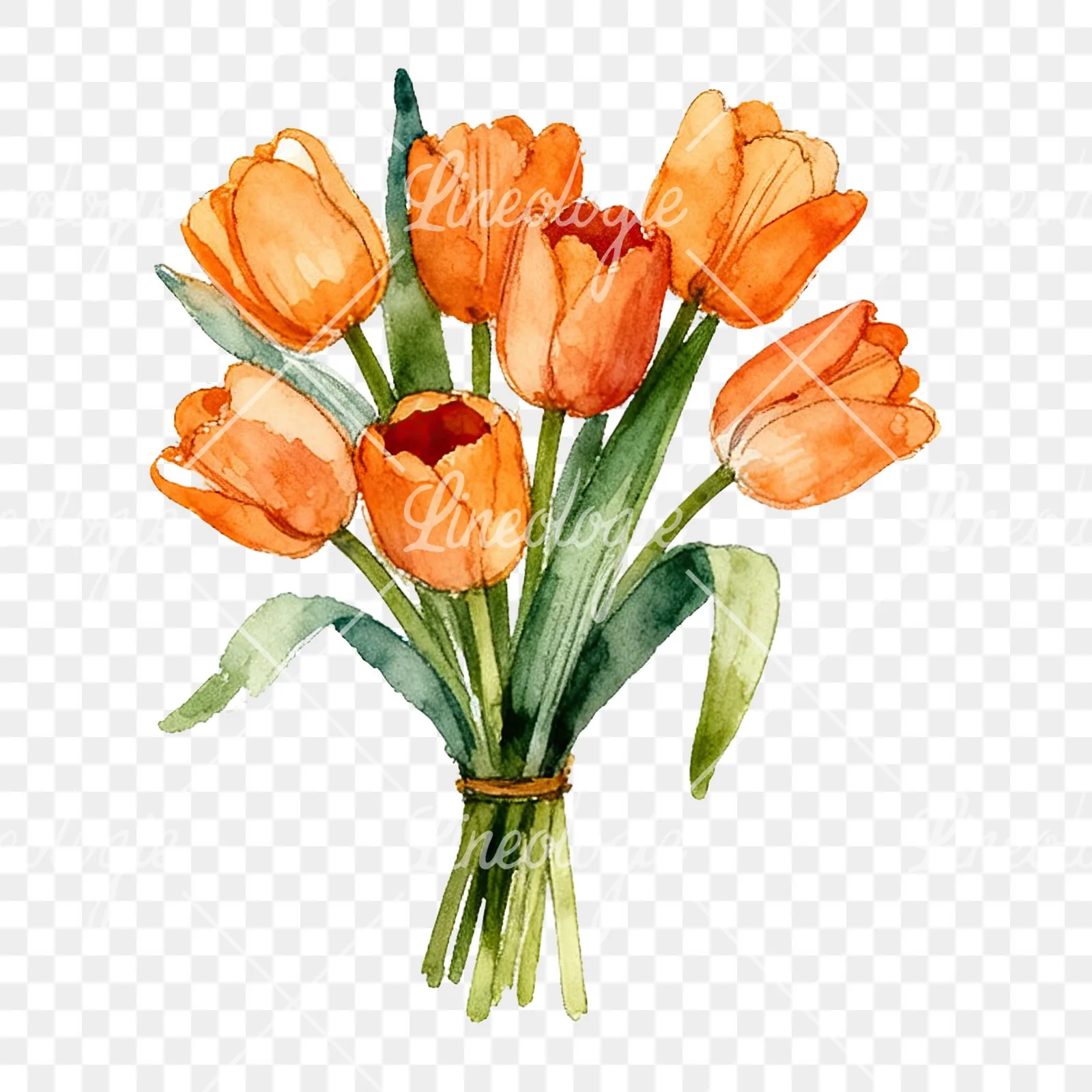 Watercolor orange tulip bouquet clipart 8 of 9 on a transparent background (PNG)