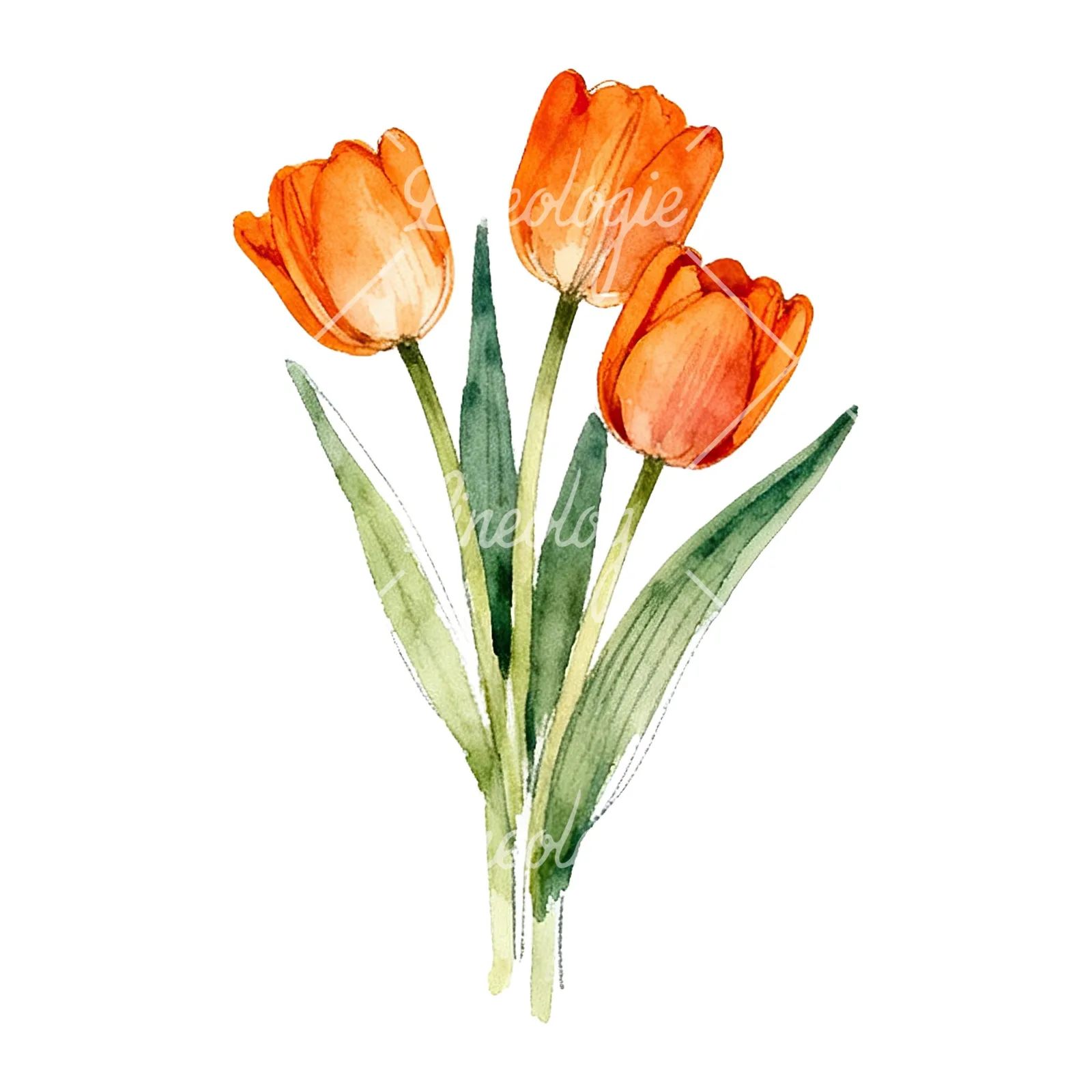 Watercolor orange tulip bouquet clipart 9 of 9 on a white background (JPG)
