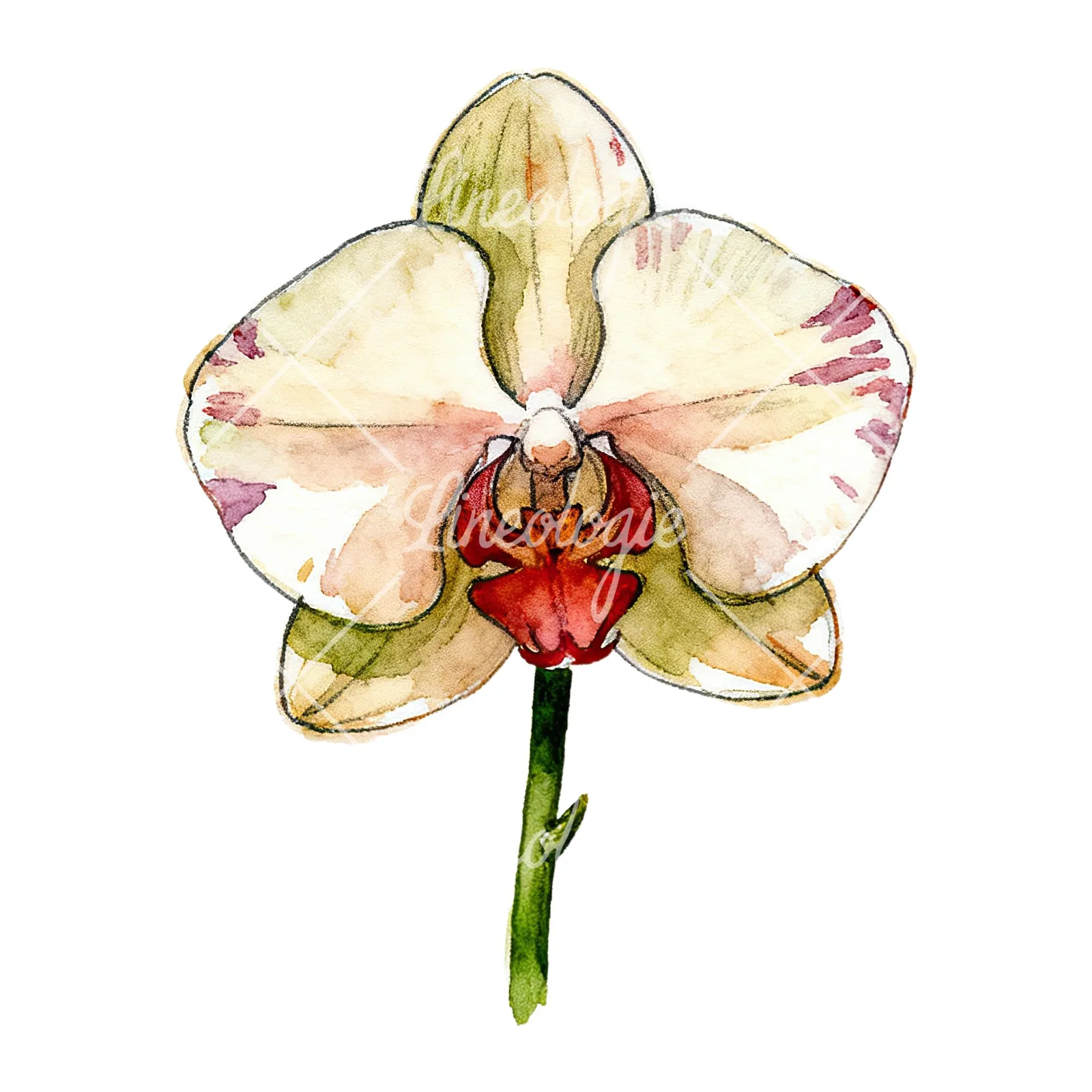 Watercolor orchid flower with stem clipart 1 of 9 on a white background (JPG)