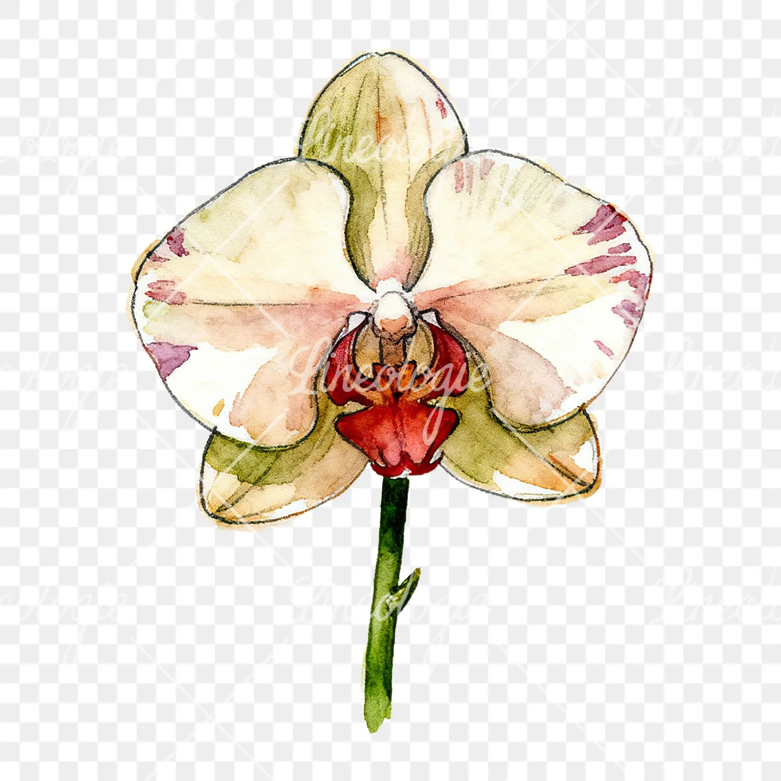 Watercolor orchid flower with stem clipart 1 of 9 on a transparent background (PNG)