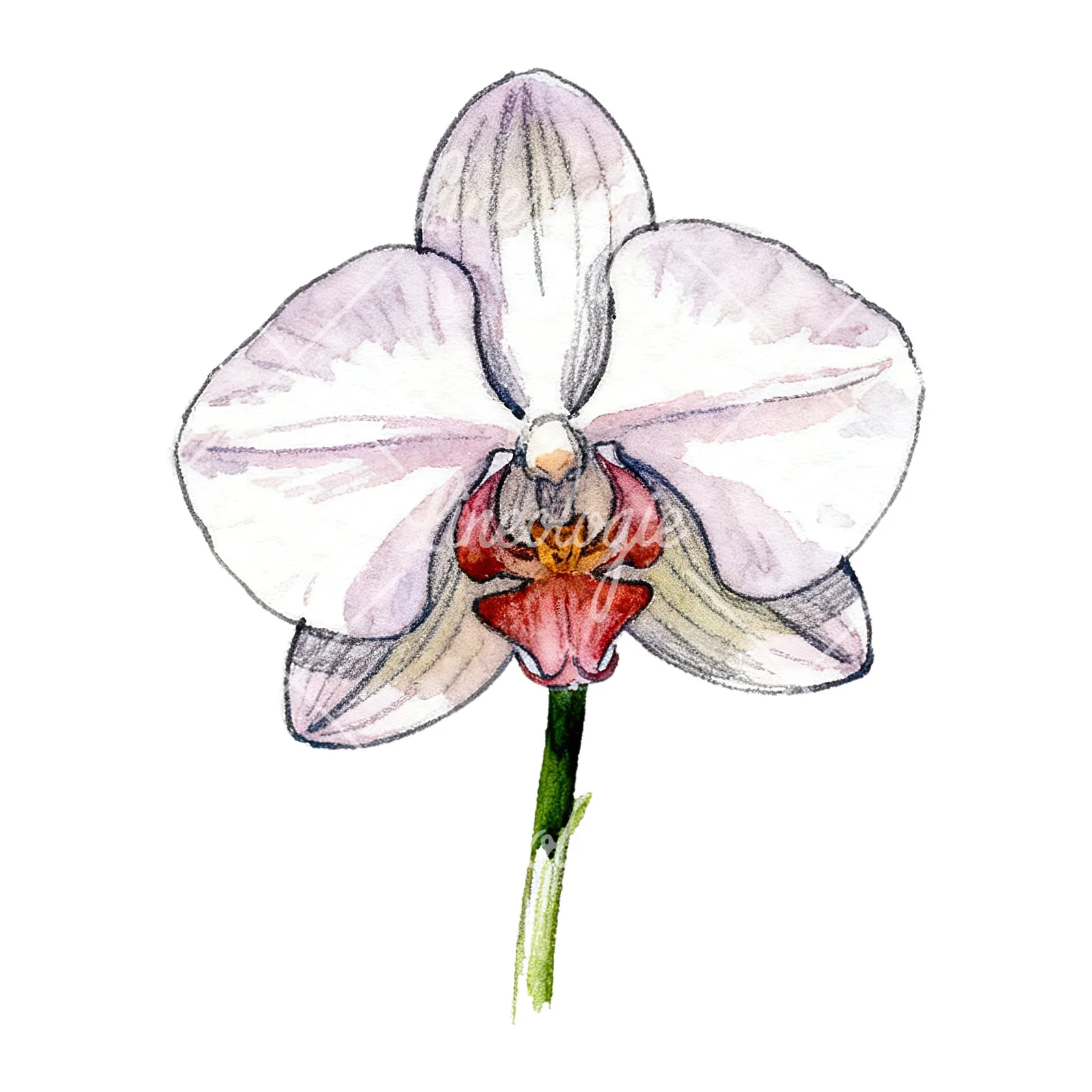 Watercolor orchid flower with stem clipart 2 of 9 on a white background (JPG)