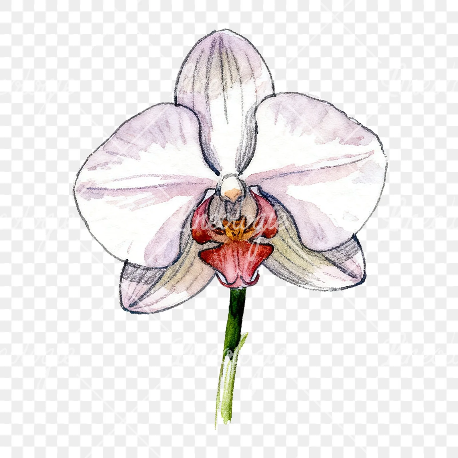 Watercolor orchid flower with stem clipart 2 of 9 on a transparent background (PNG)
