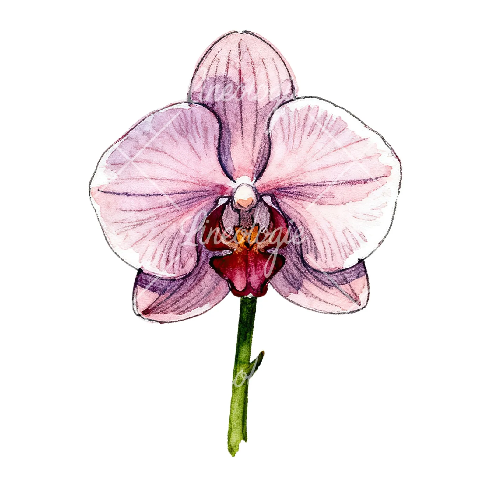 Watercolor orchid flower with stem clipart 3 of 9 on a white background (JPG)