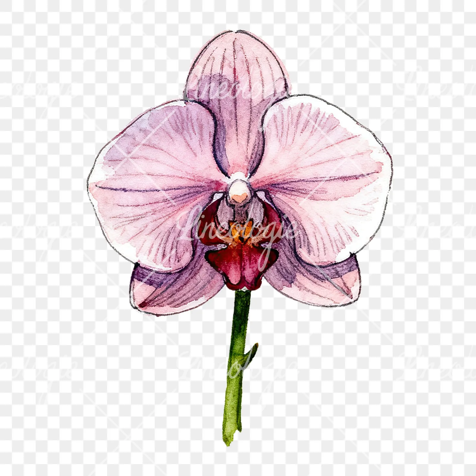 Watercolor orchid flower with stem clipart 3 of 9 on a transparent background (PNG)