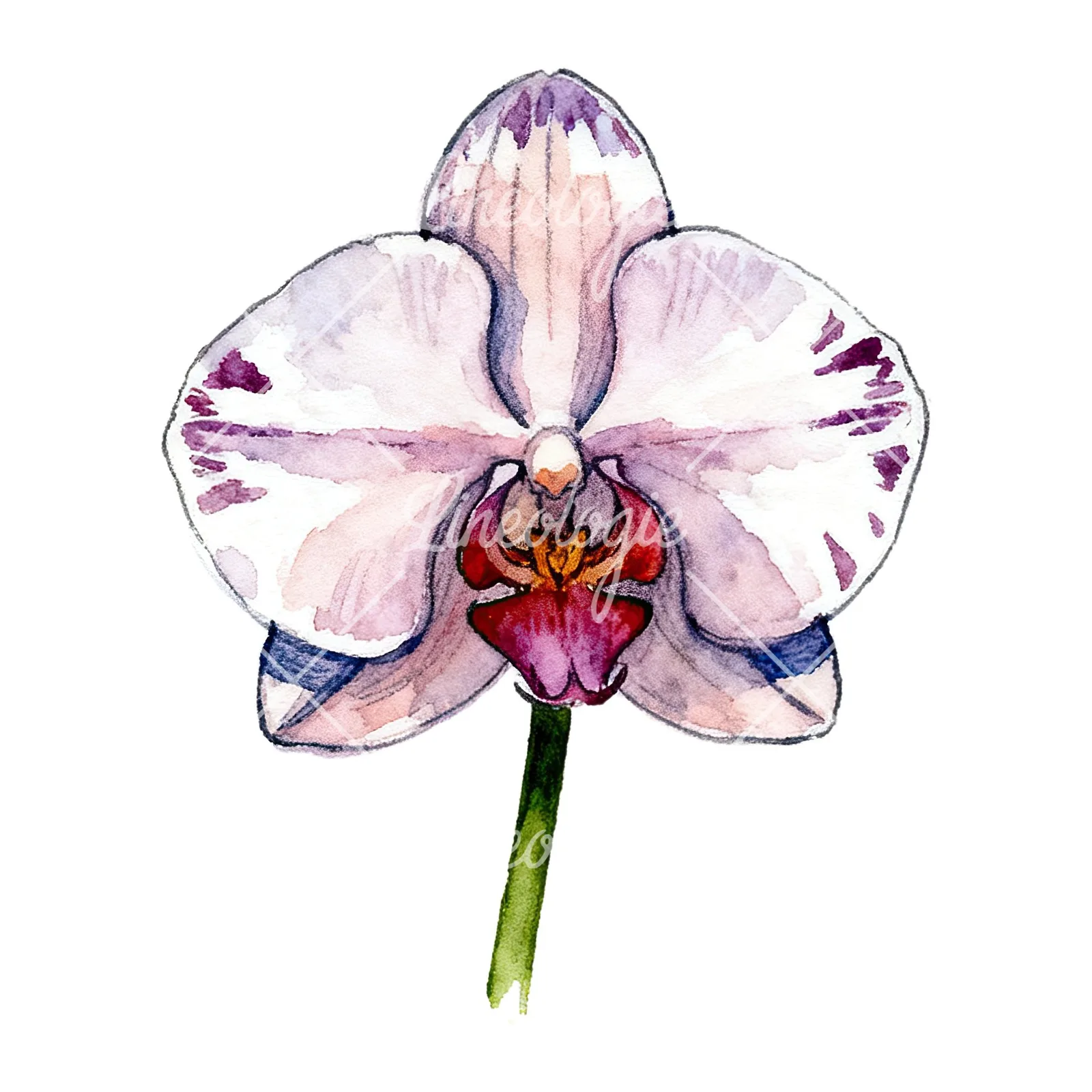 Watercolor orchid flower with stem clipart 4 of 9 on a white background (JPG)