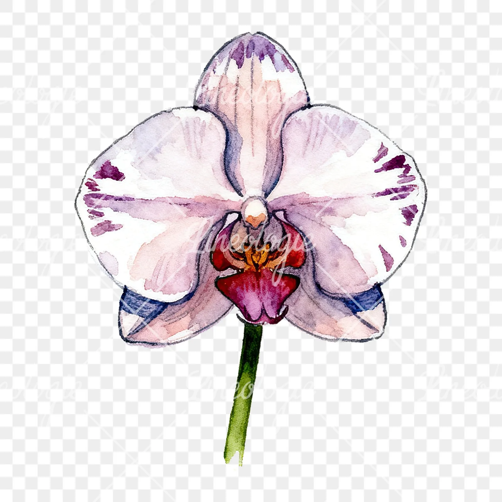 Watercolor orchid flower with stem clipart 4 of 9 on a transparent background (PNG)