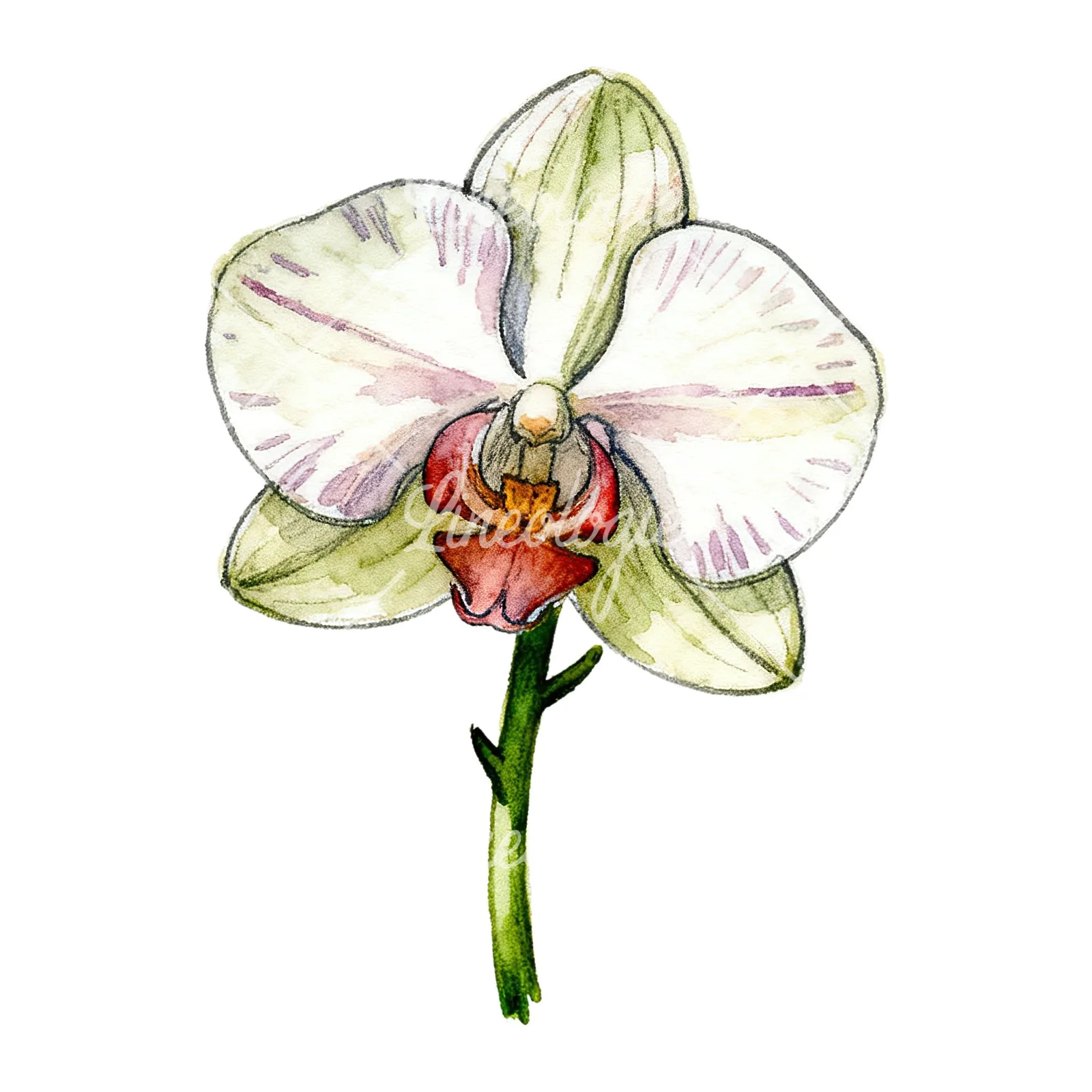Watercolor orchid flower with stem clipart 5 of 9 on a white background (JPG)
