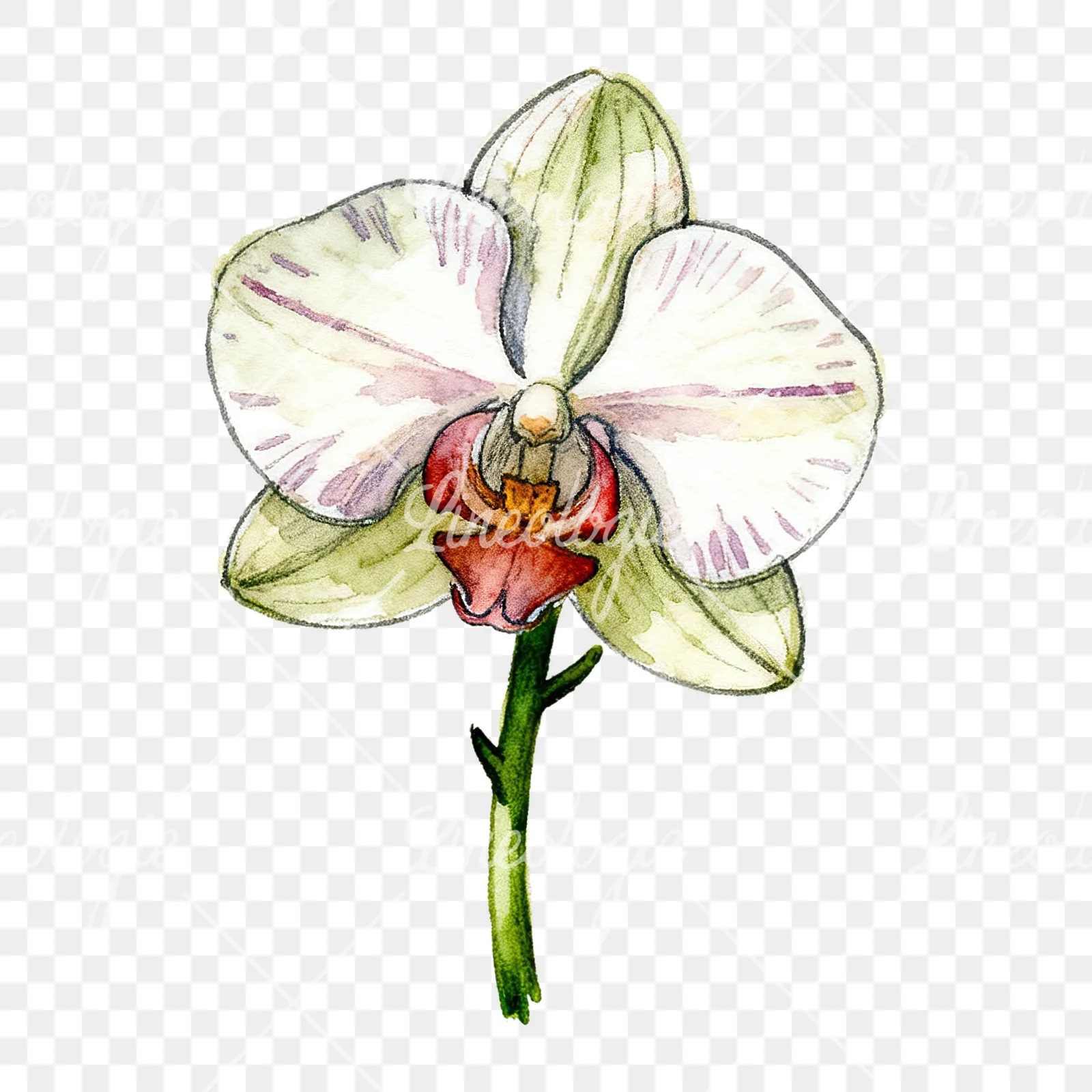 Watercolor orchid flower with stem clipart 5 of 9 on a transparent background (PNG)