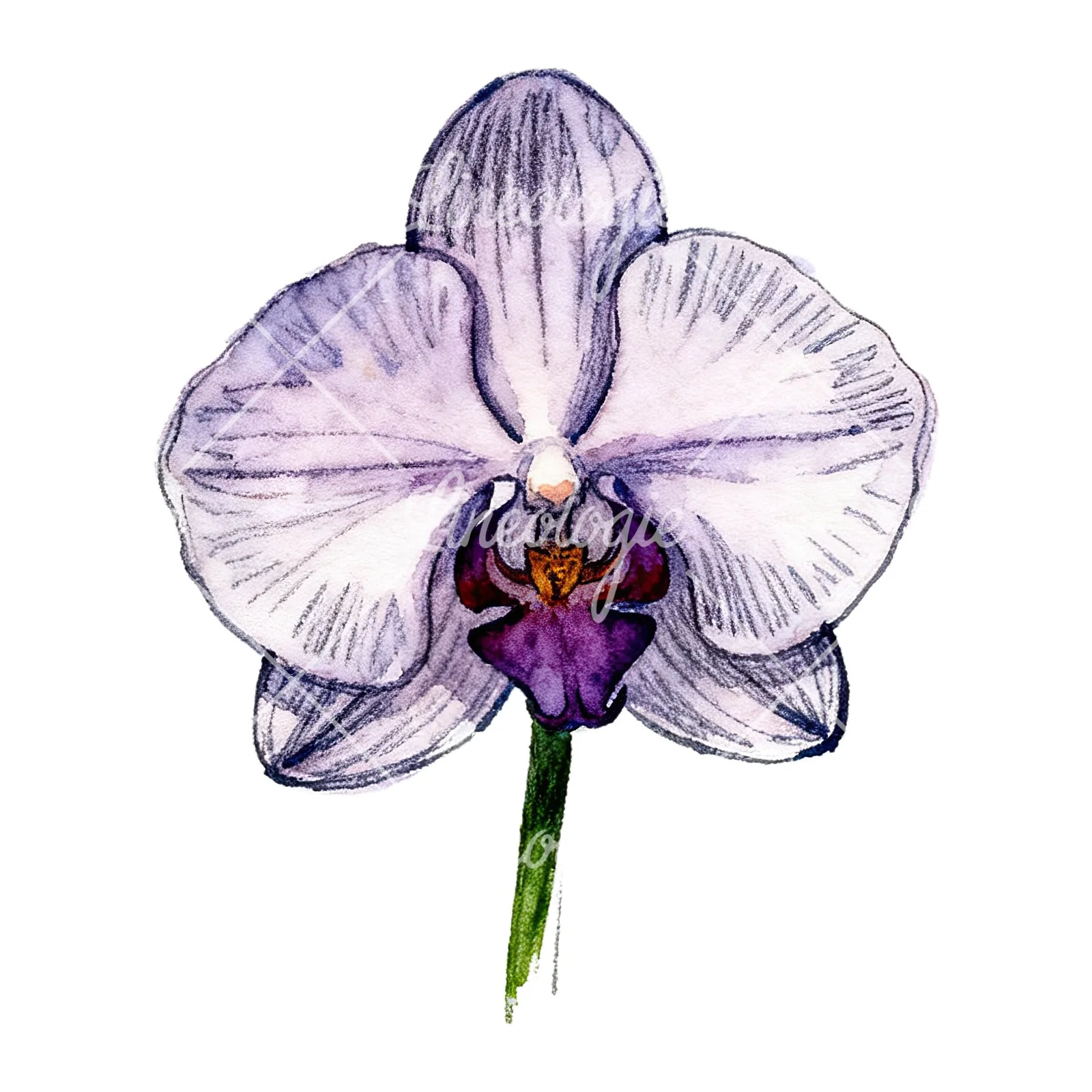 Watercolor orchid flower with stem clipart 8 of 9 on a white background (JPG)