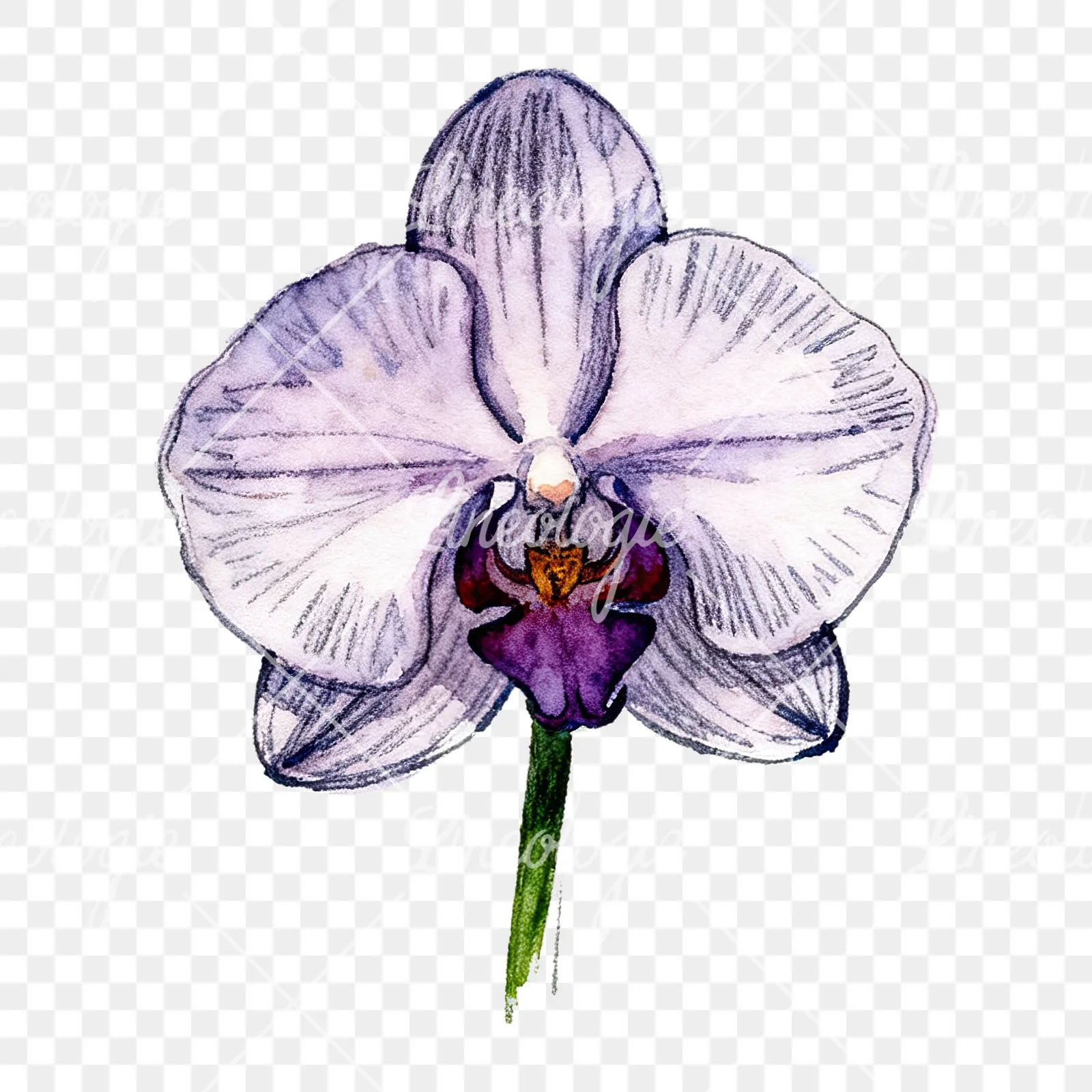 Watercolor orchid flower with stem clipart 8 of 9 on a transparent background (PNG)