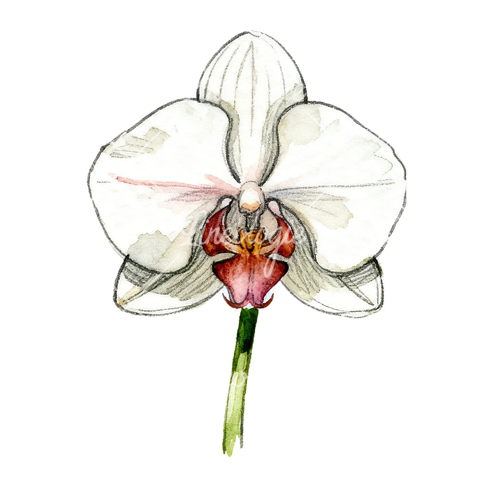Watercolor orchid flower with stem clipart 9 of 9 on a white background (JPG)