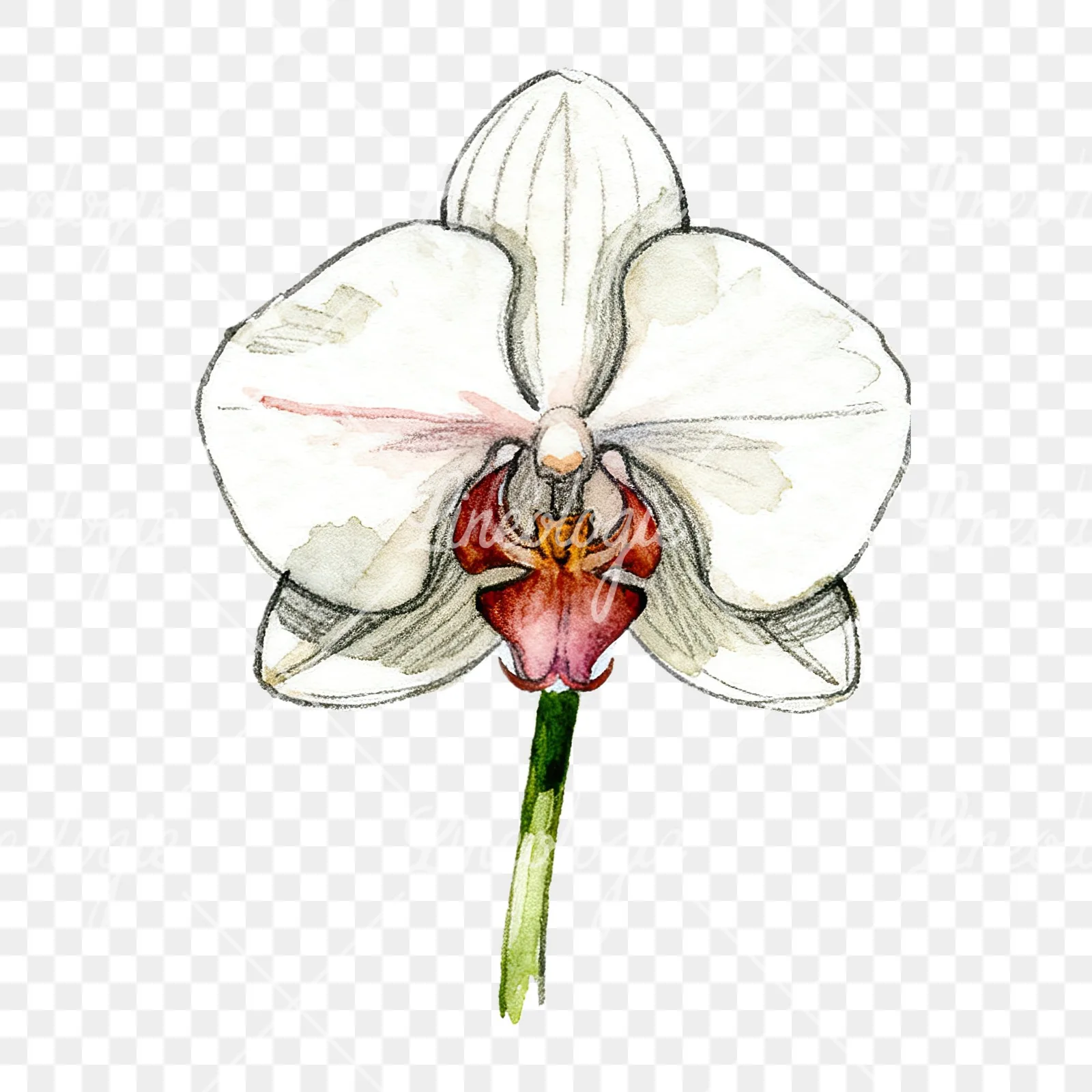 Watercolor orchid flower with stem clipart 9 of 9 on a transparent background (PNG)