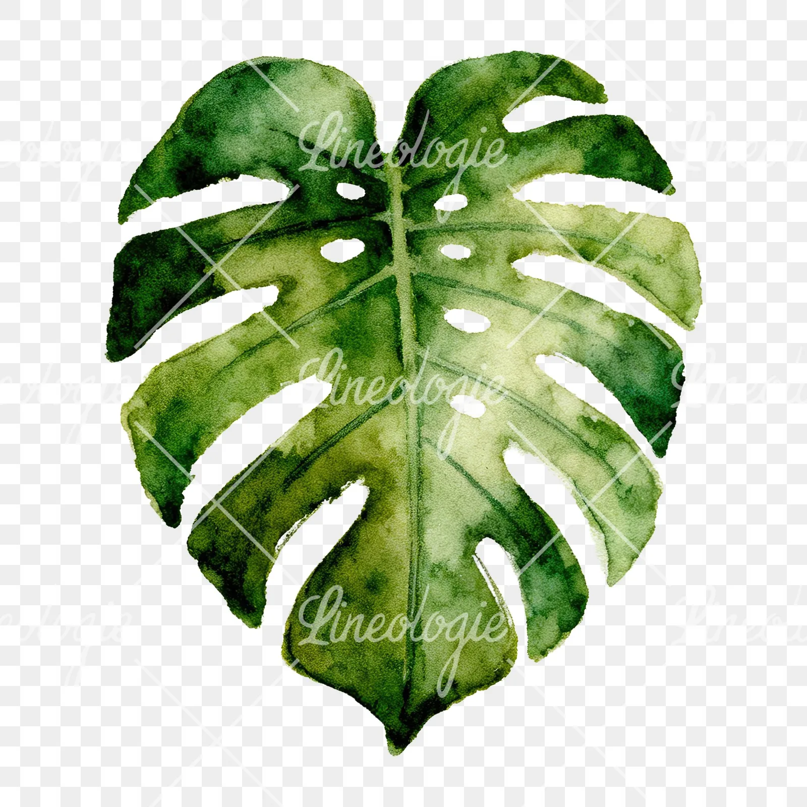 Watercolor grayscale and green palm leaf clipart 1 of 9 on a transparent background (PNG)