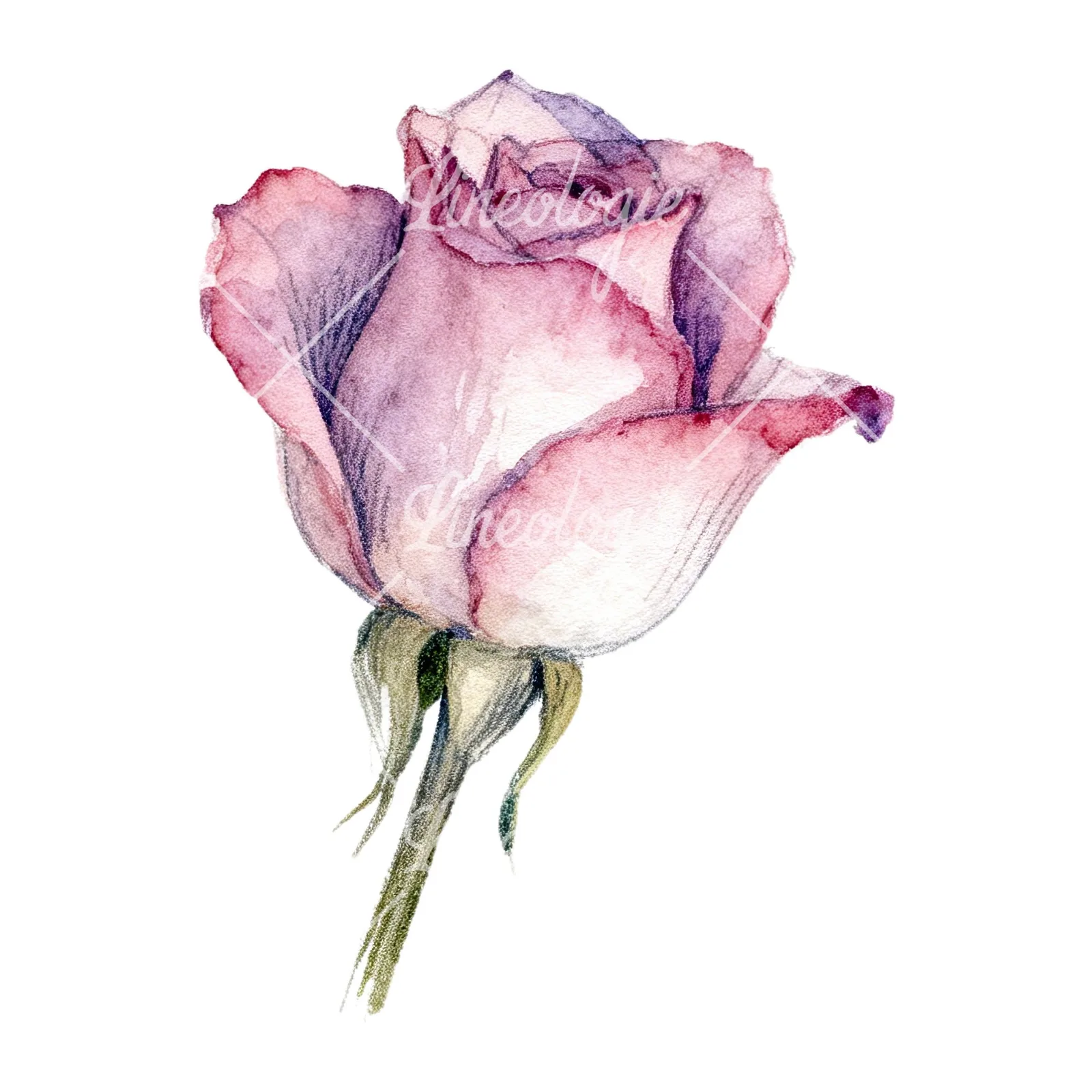 Watercolor pastel rose with buds clipart 1 of 9 on a white background (JPG)