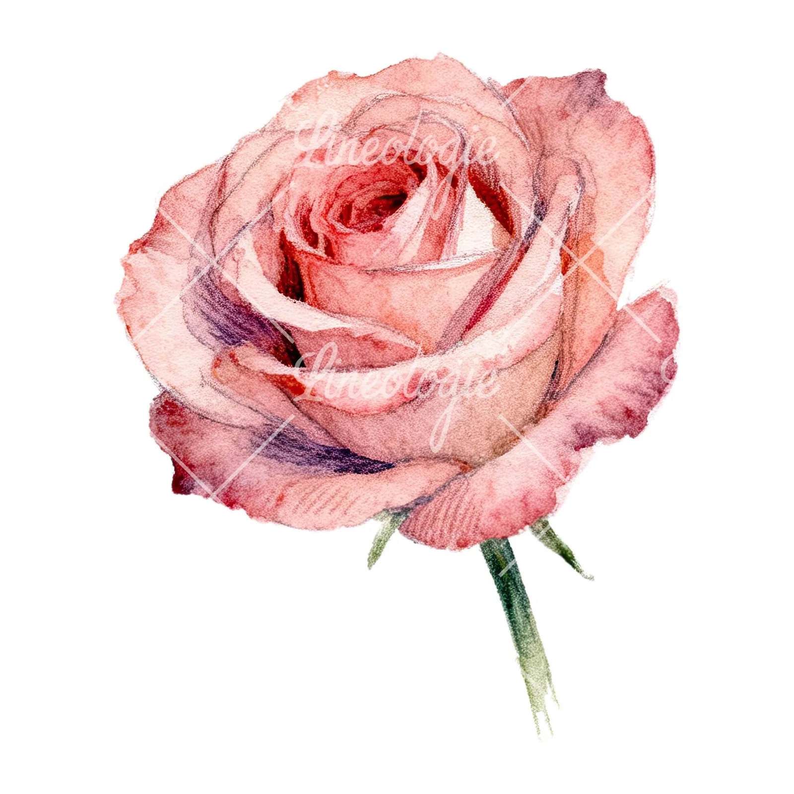Watercolor pastel rose with buds clipart 2 of 9 on a white background (JPG)