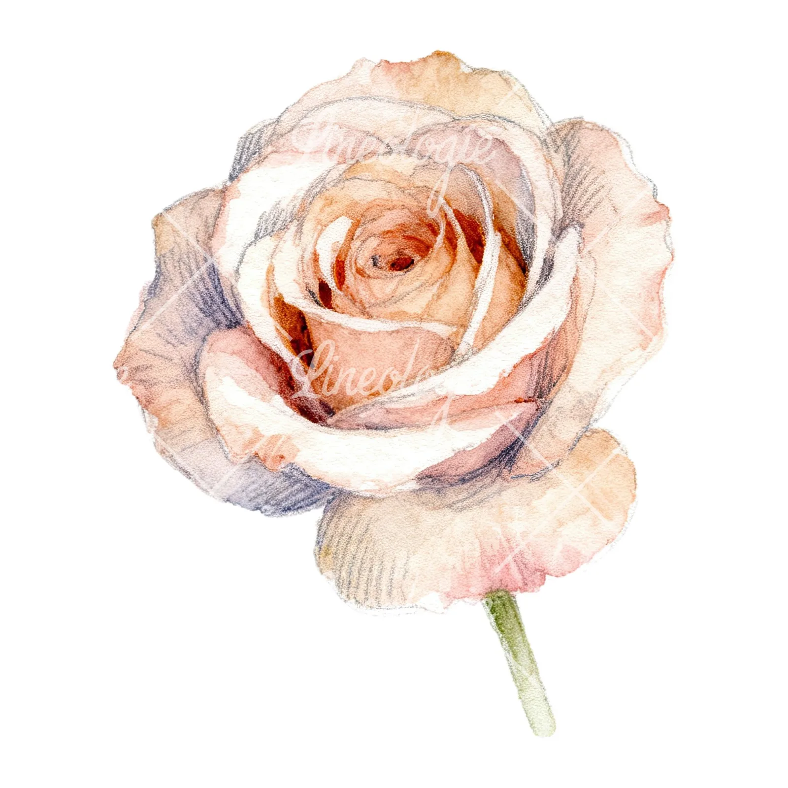 Watercolor pastel rose with buds clipart 3 of 9 on a white background (JPG)