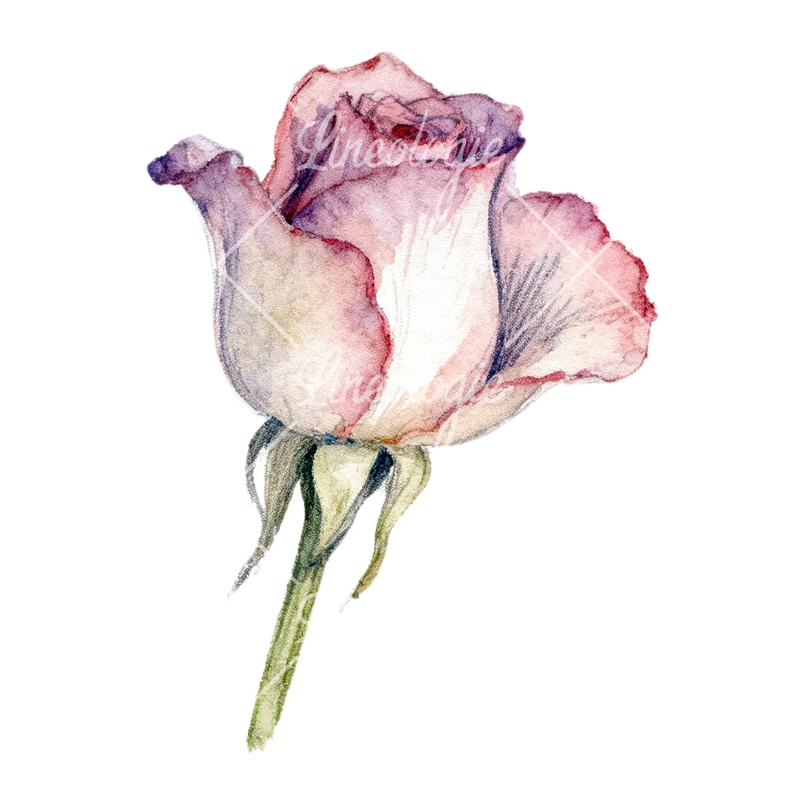 Watercolor pastel rose with buds clipart 4 of 9 on a white background (JPG)