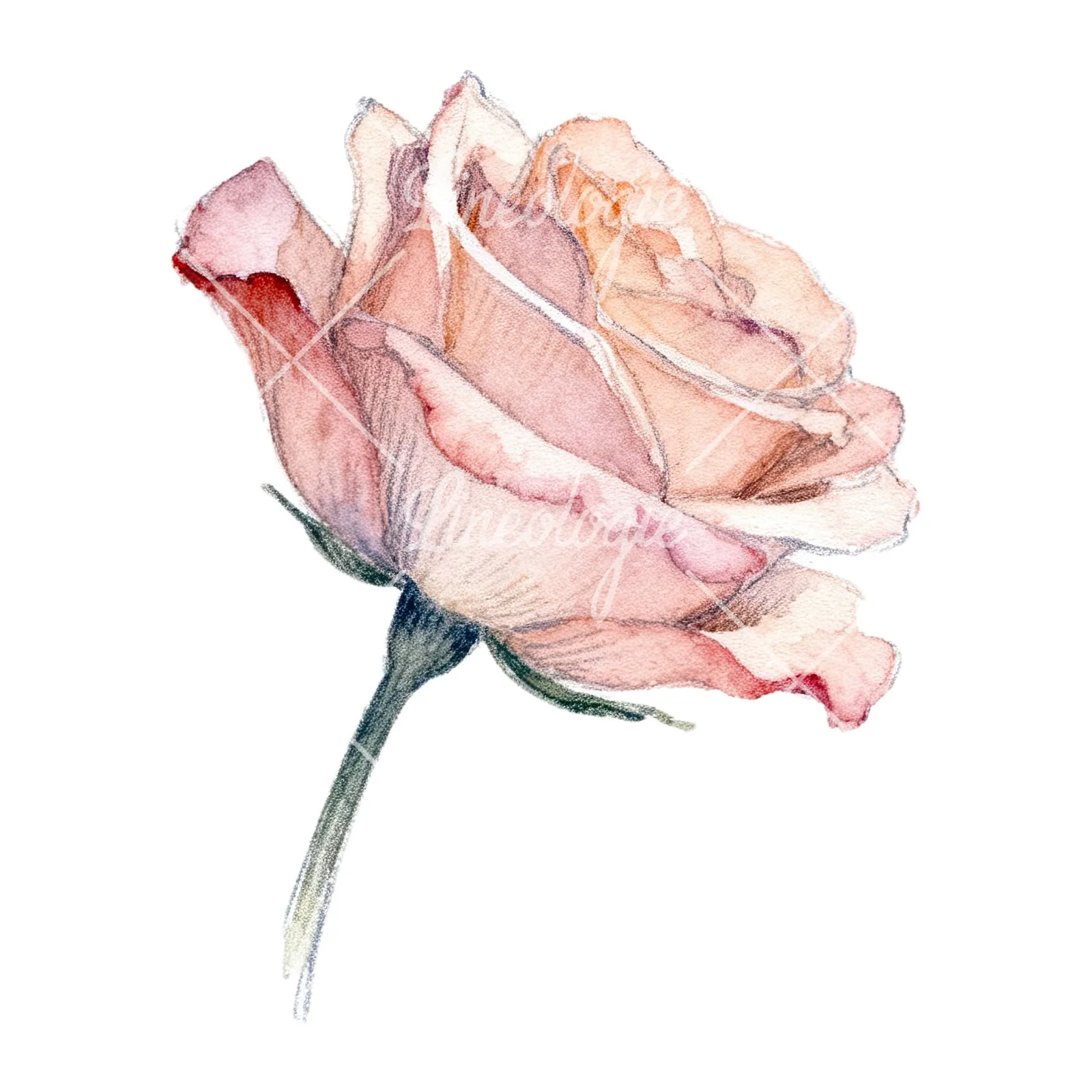 Watercolor pastel rose with buds clipart 5 of 9 on a white background (JPG)