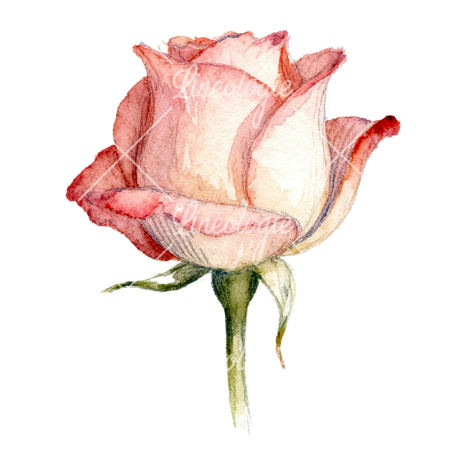 Watercolor pastel rose with buds clipart 8 of 9 on a white background (JPG)