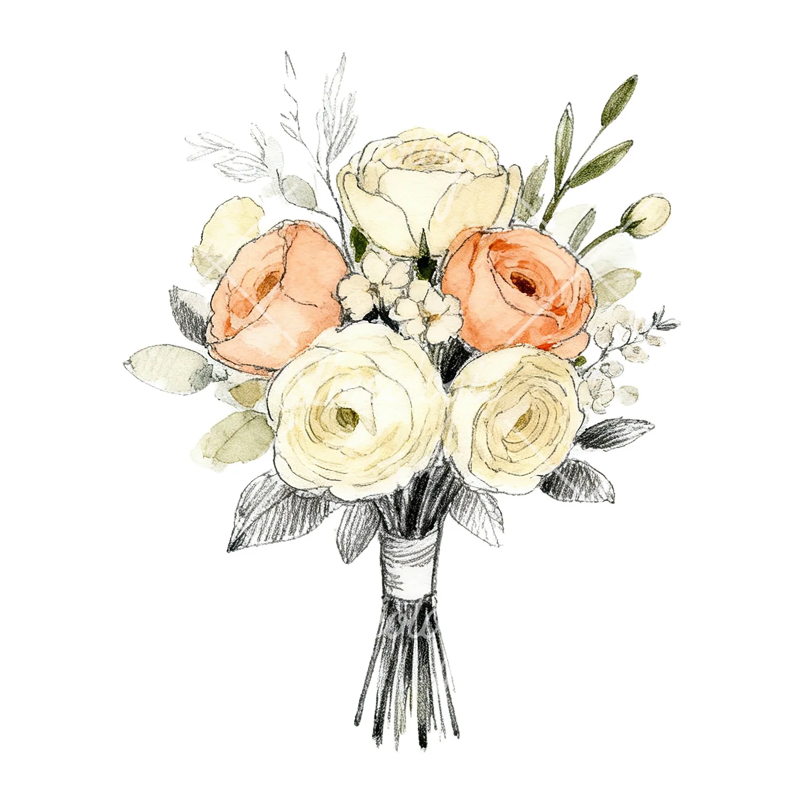 Watercolor peach and cream wedding bouquet with white flowers clipart 1 of 9 on a white background (JPG)