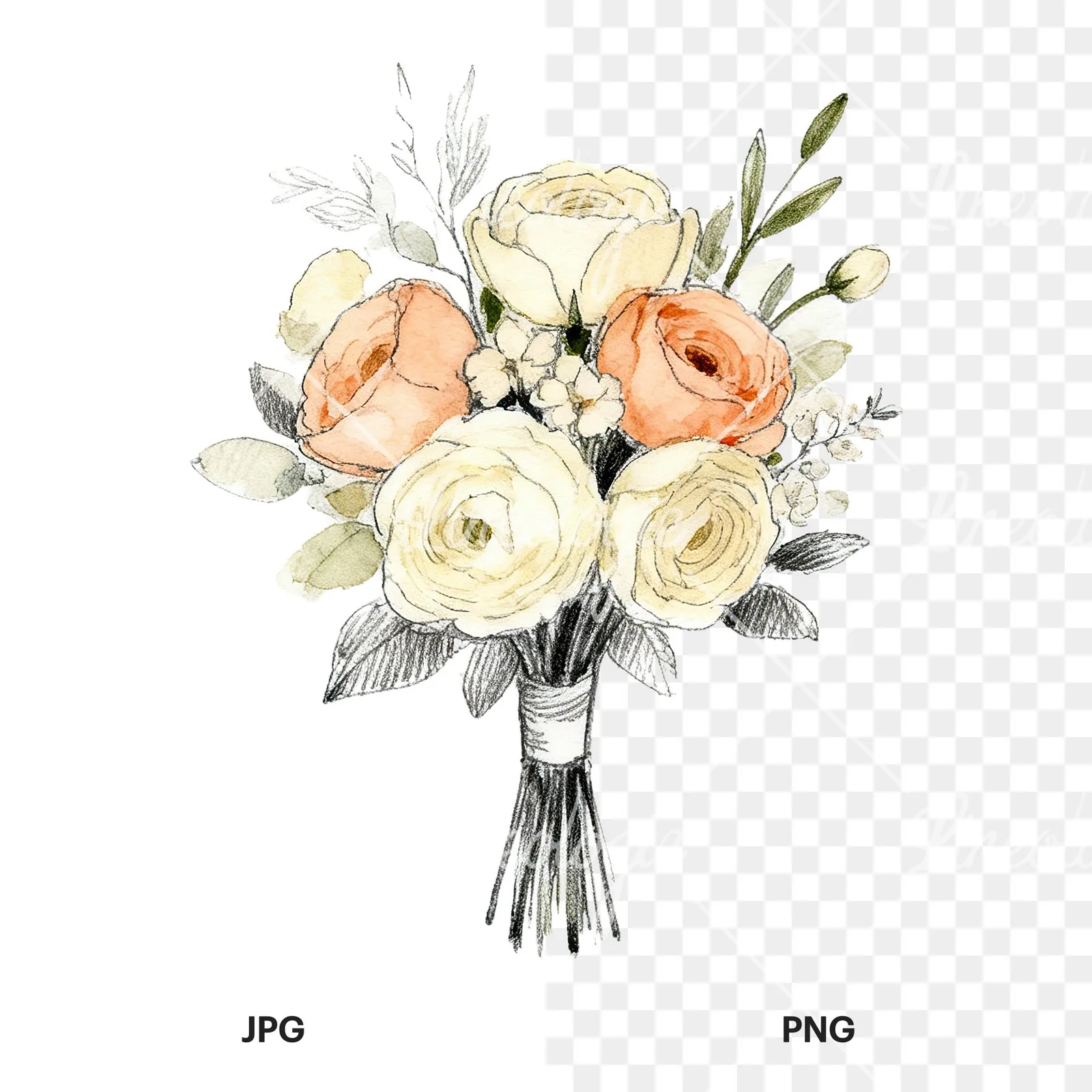 Watercolor peach and cream wedding bouquet with white flowers clipart 1 of 9, as a JPG on white and a transparent PNG