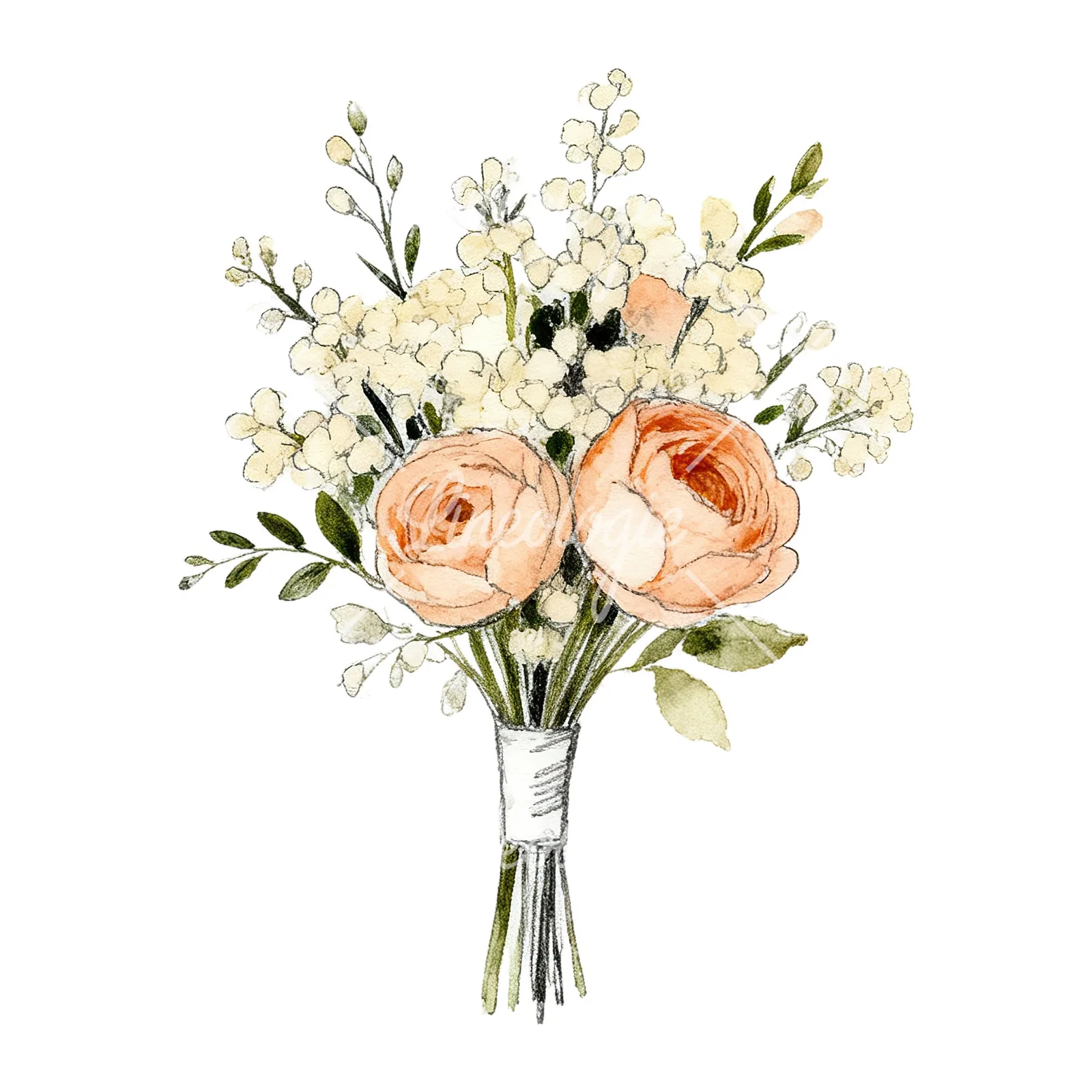 Watercolor peach and cream wedding bouquet with white flowers clipart 2 of 9 on a white background (JPG)