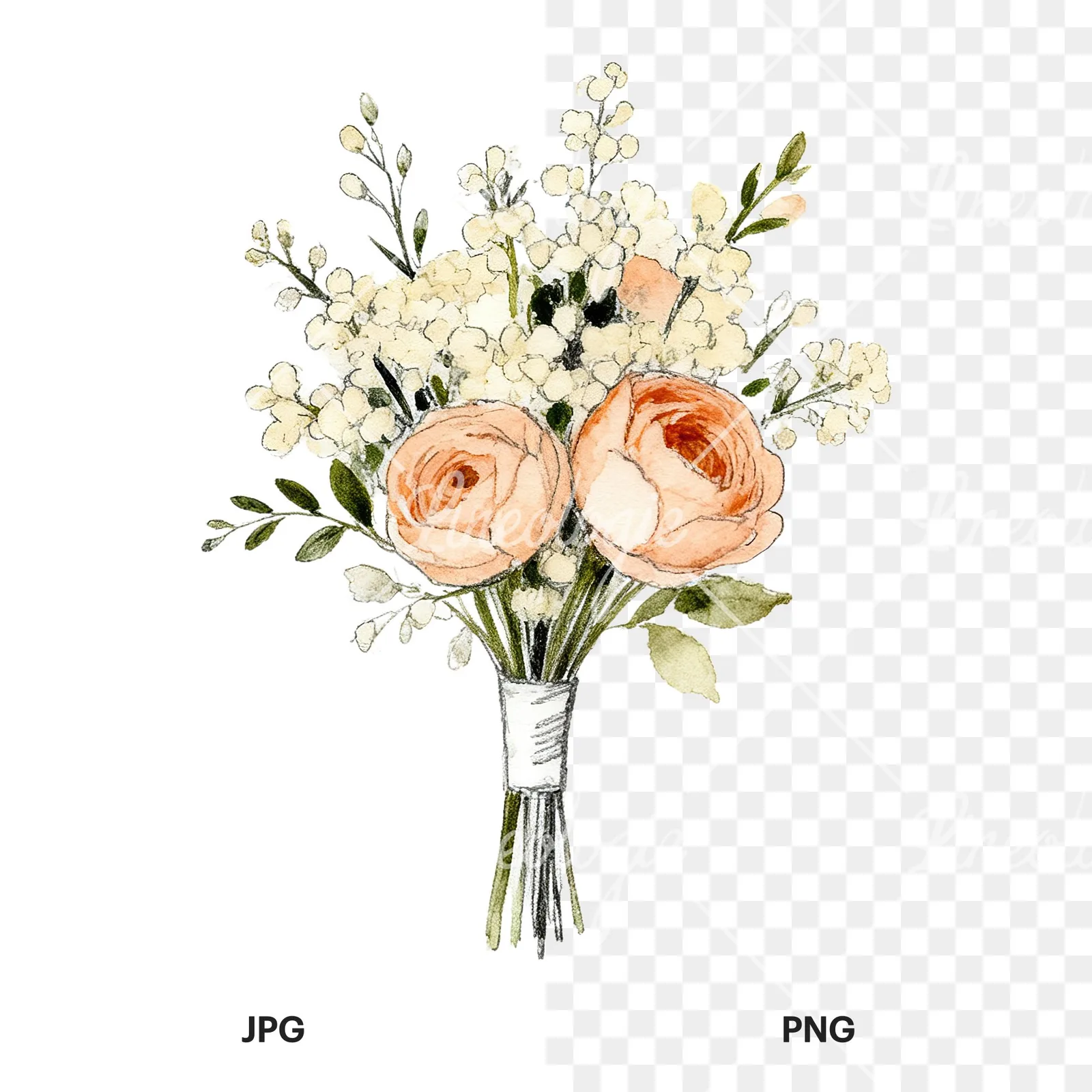 Watercolor peach and cream wedding bouquet with white flowers clipart 2 of 9, as a JPG on white and a transparent PNG