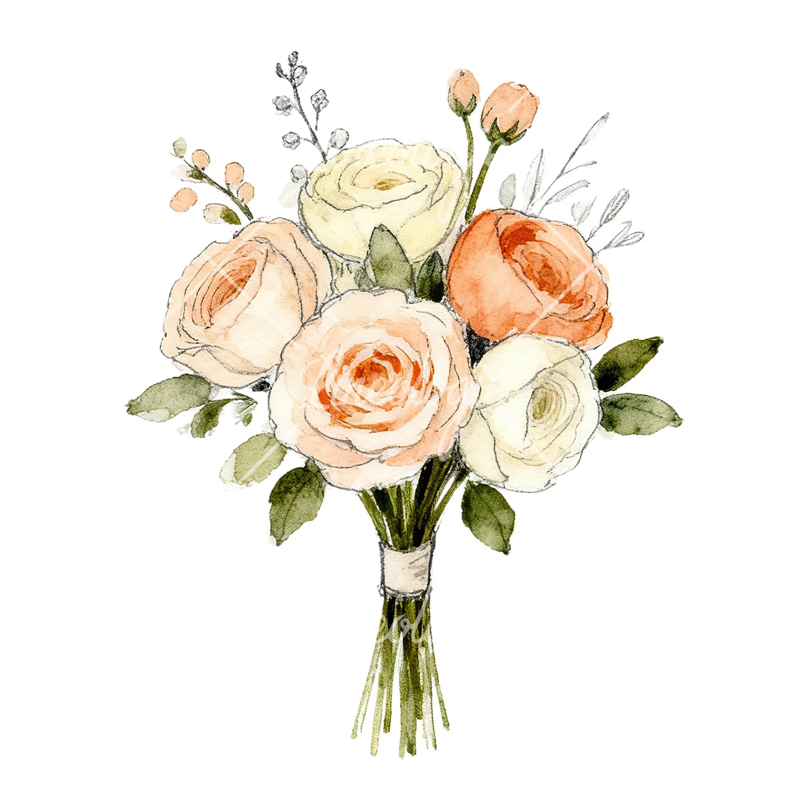 Watercolor peach and cream wedding bouquet with white flowers clipart 3 of 9 on a white background (JPG)