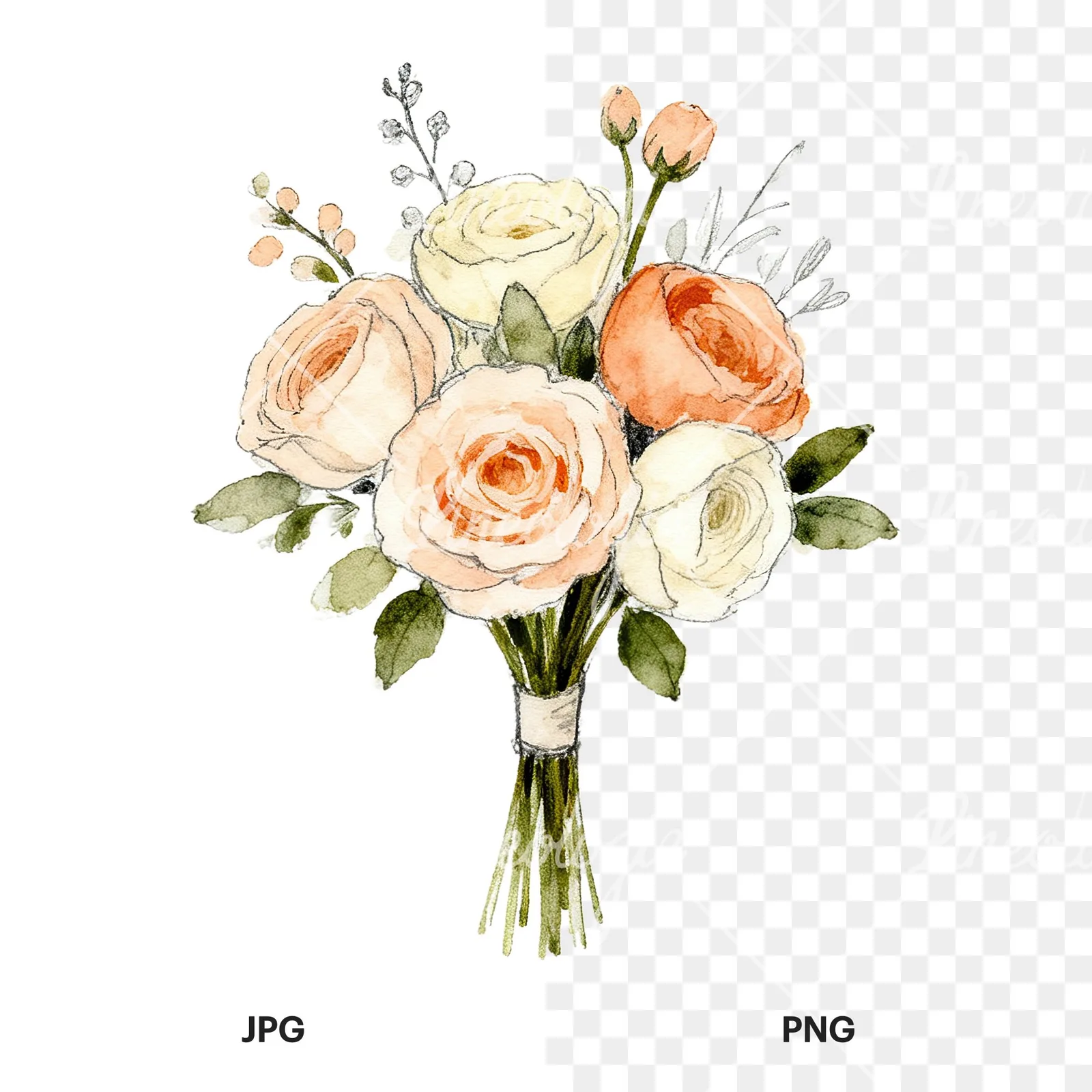 Watercolor peach and cream wedding bouquet with white flowers clipart 3 of 9, as a JPG on white and a transparent PNG