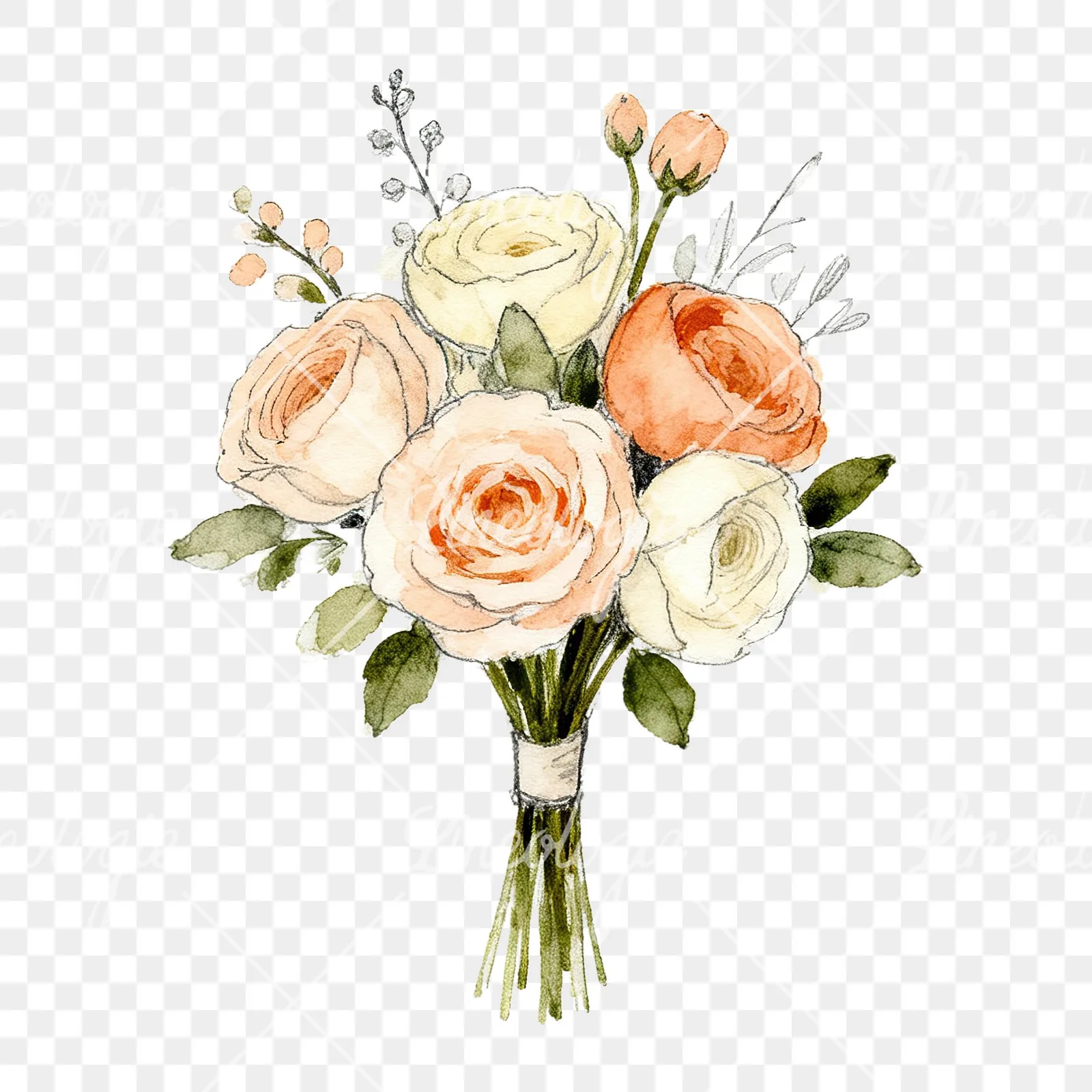Watercolor peach and cream wedding bouquet with white flowers clipart 3 of 9 on a transparent background (PNG)