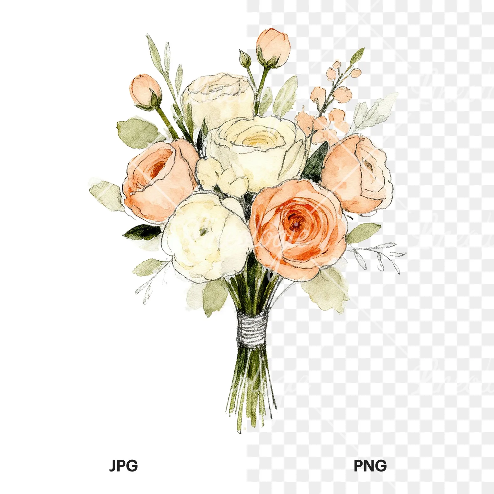 Watercolor peach and cream wedding bouquet with white flowers clipart 4 of 9, as a JPG on white and a transparent PNG